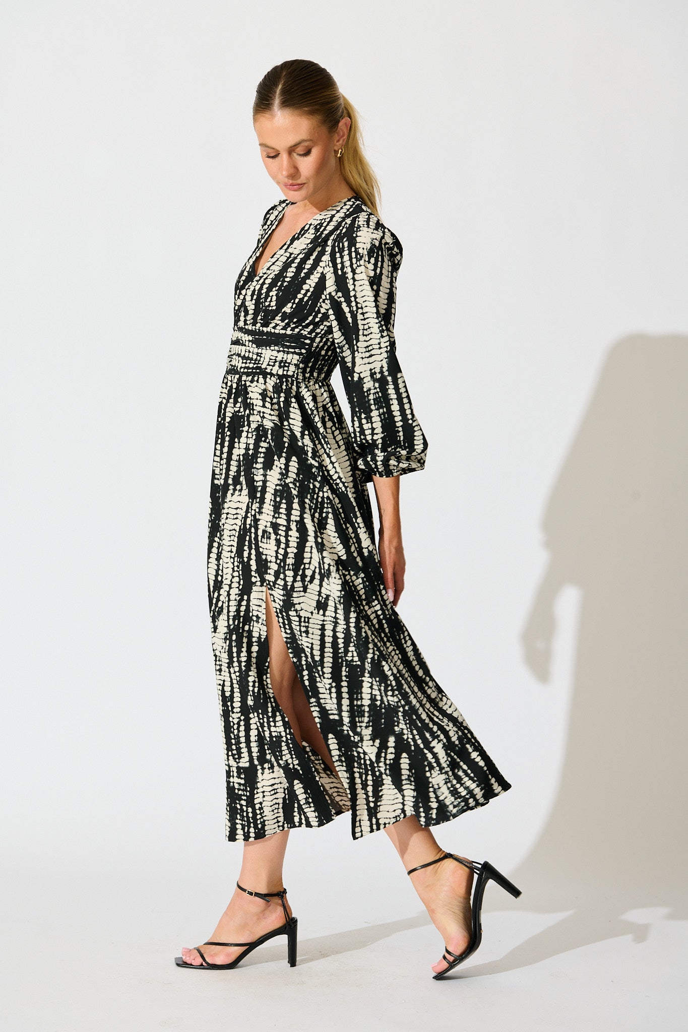 Azalea Maxi Dress in Black with Cream Print