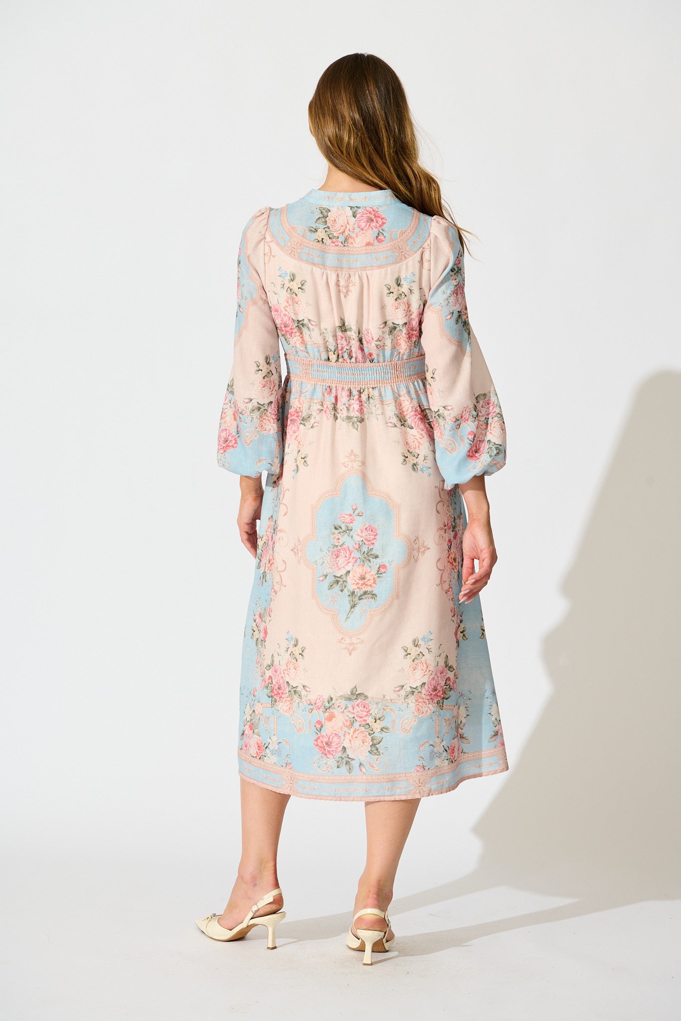 Izara Midi Dress in Pink and Blue Placement Linen Blend