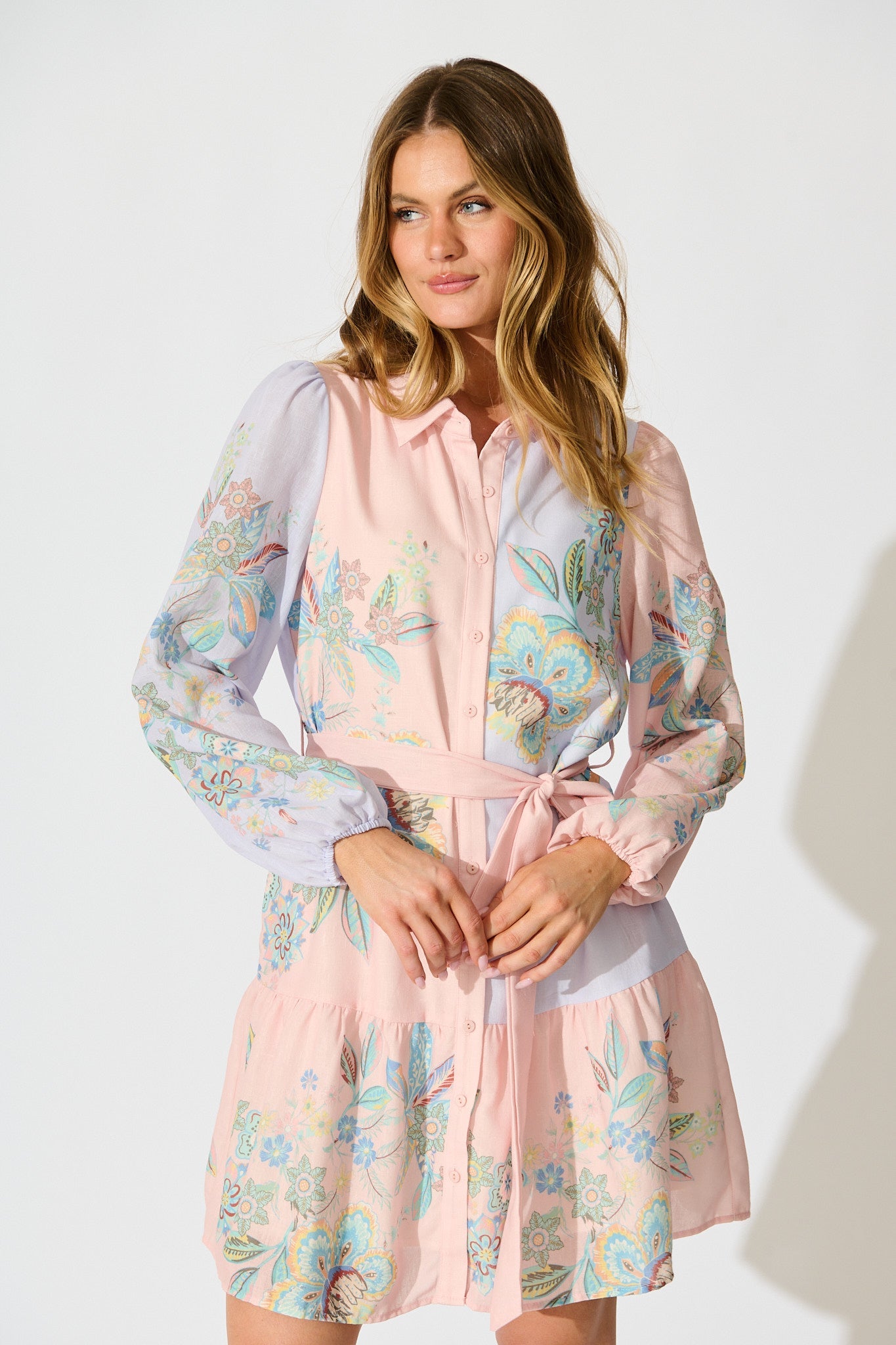 Sammie Shirt Dress in Pink and Lilac Floral Linen Blend