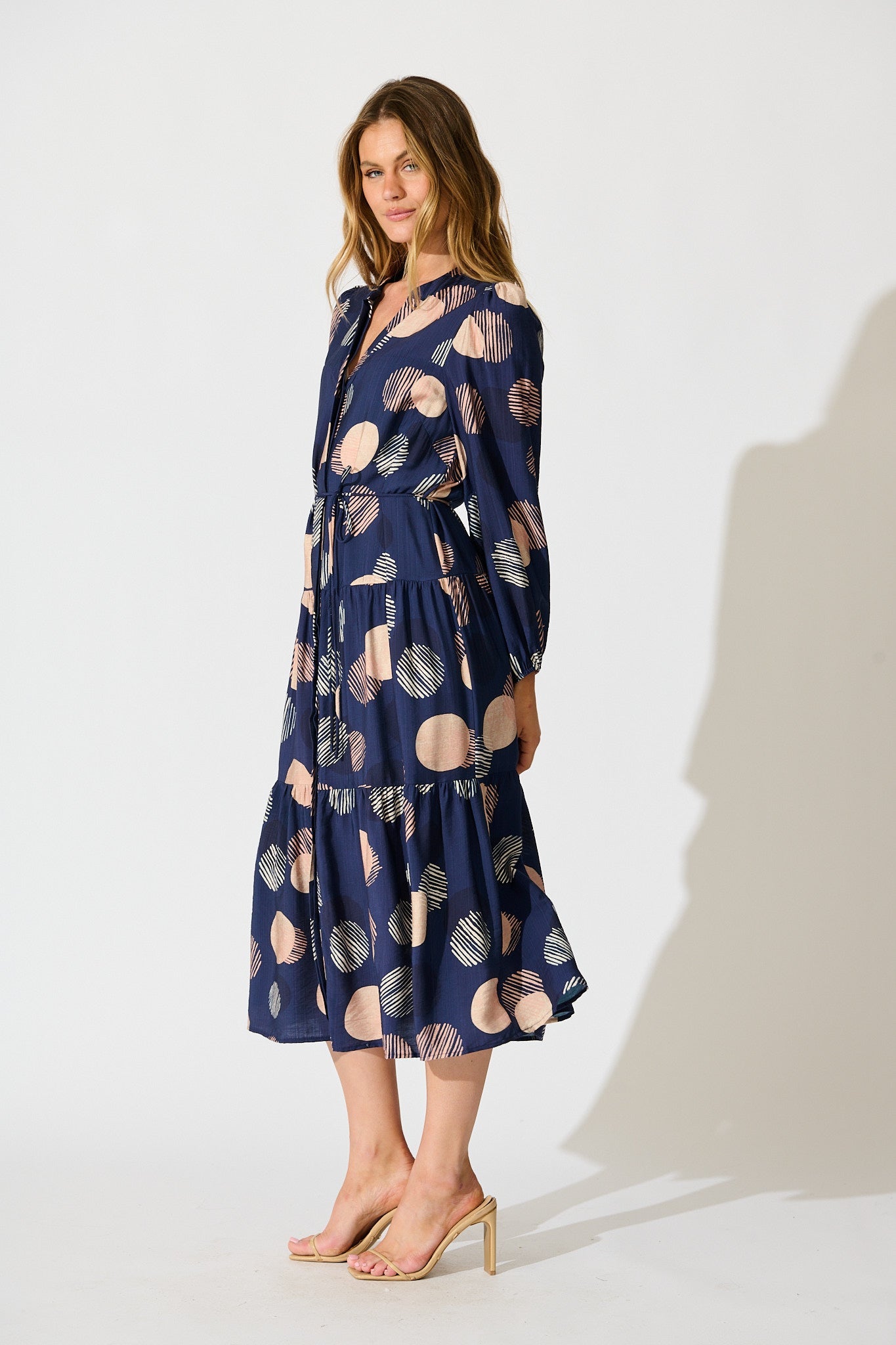 Blake Midi Dress in Navy with Blush Spot Print