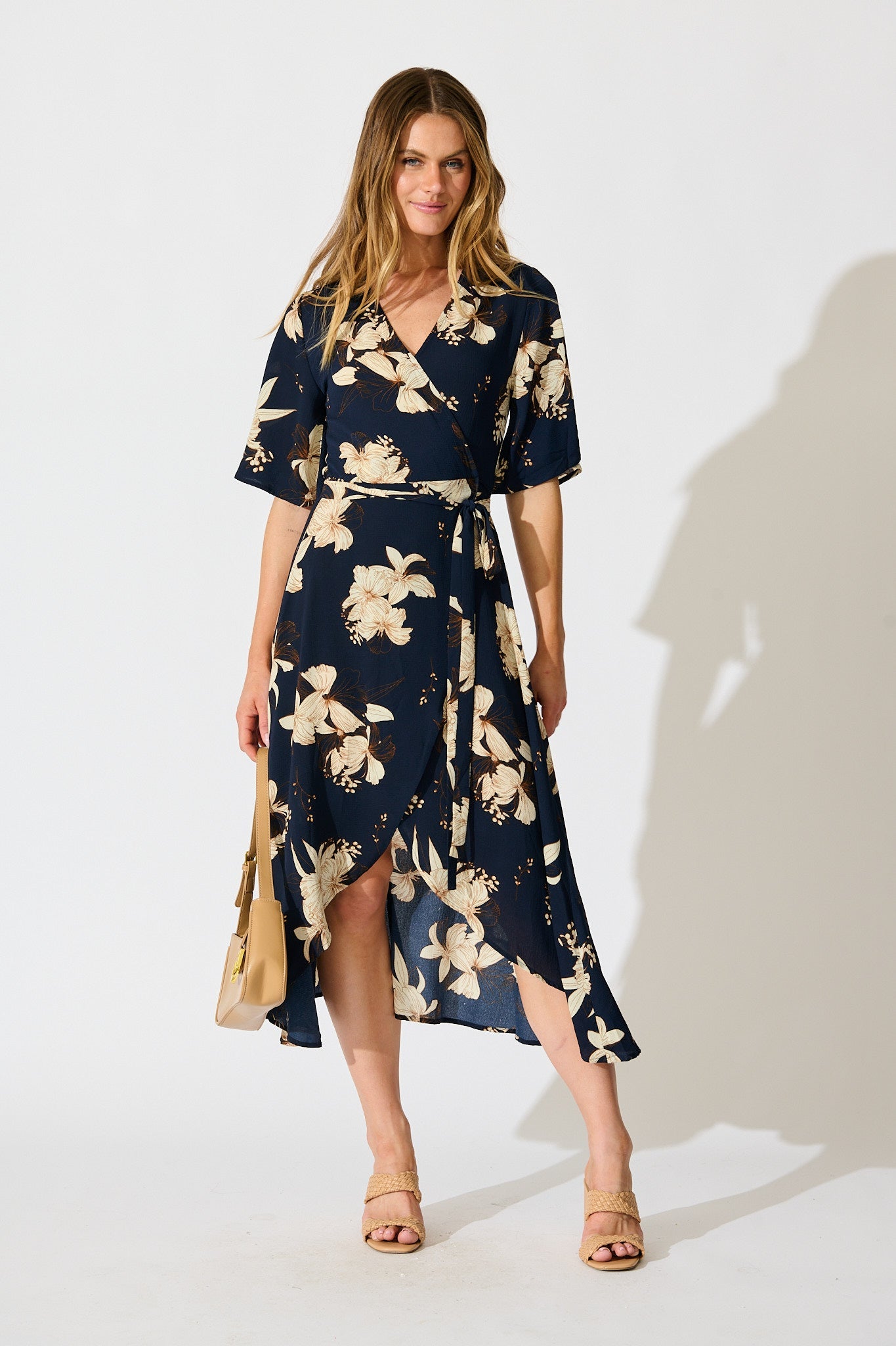 Bellerose Midi Wrap Dress in Navy with Cream Floral