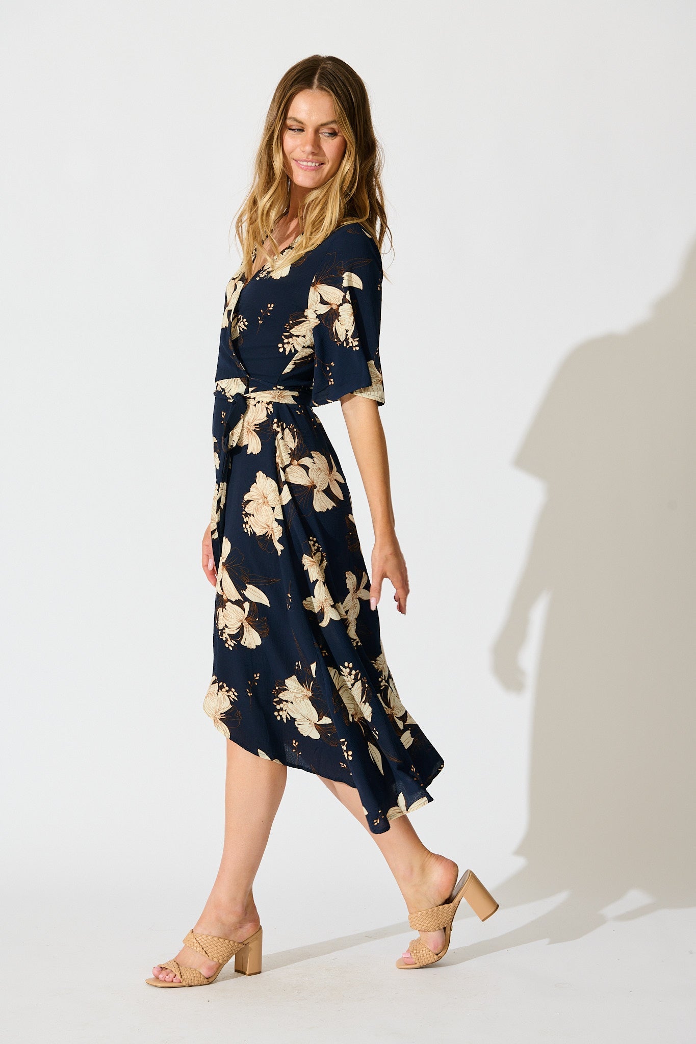 Bellerose Midi Wrap Dress in Navy with Cream Floral