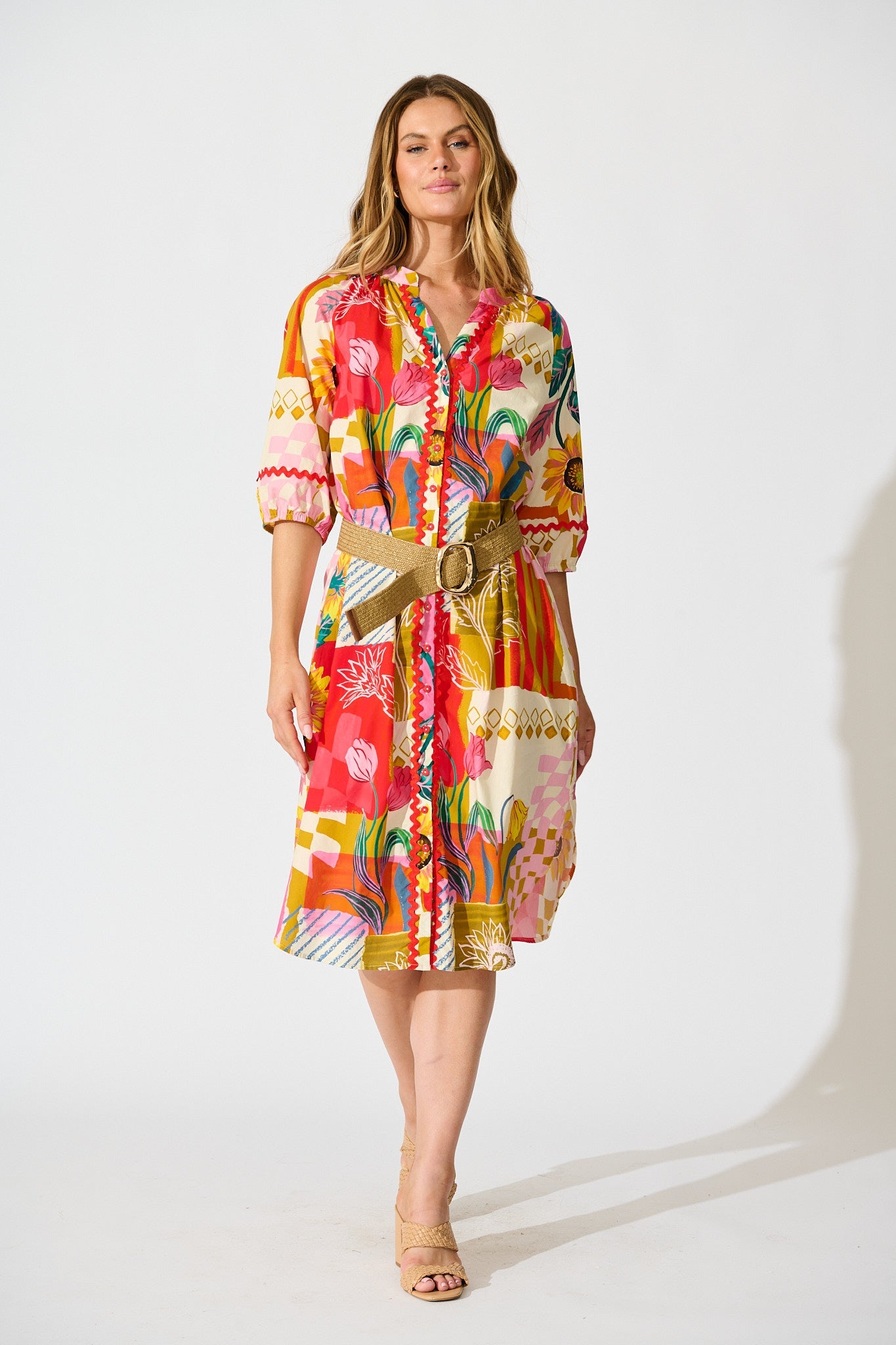 Fiesta Garden Midi Dress in Red Multi Floral Cotton