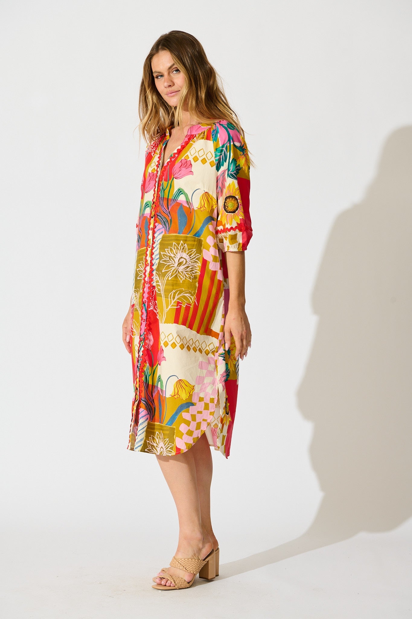 Fiesta Garden Midi Dress in Red Multi Floral Cotton