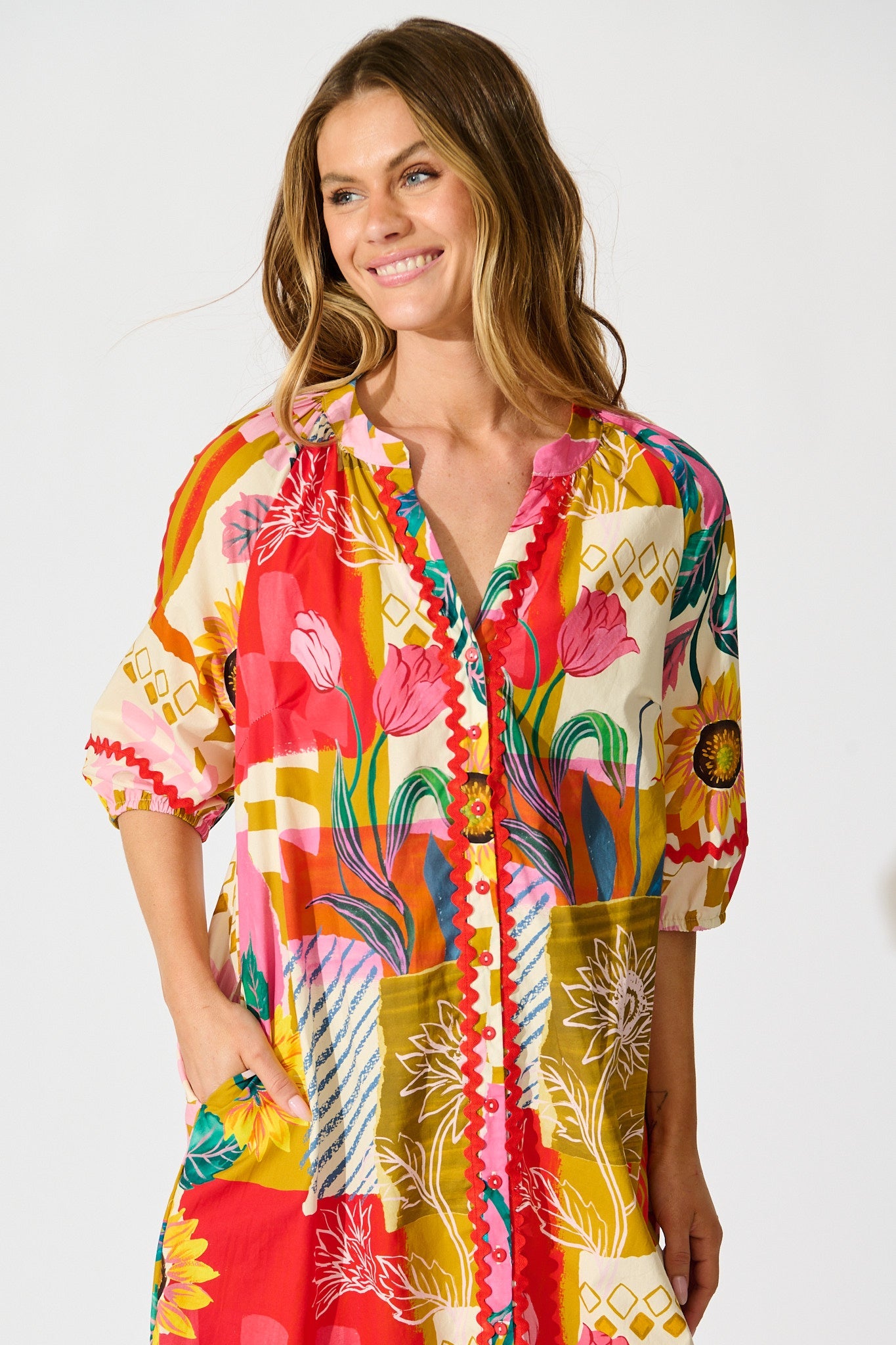 Fiesta Garden Midi Dress in Red Multi Floral Cotton