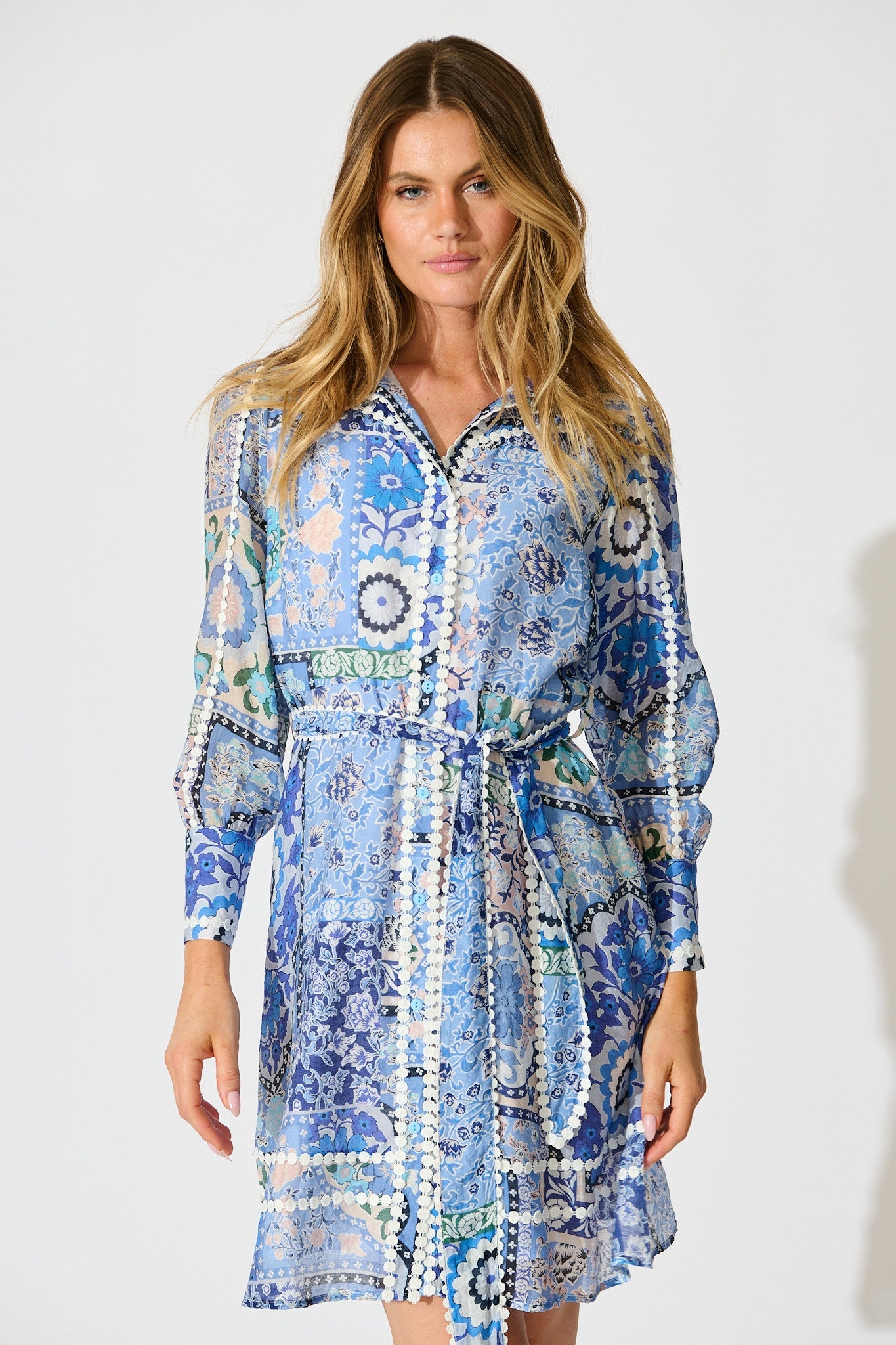 Malhia Shirt Dress in Multi Blue Cotton Blend