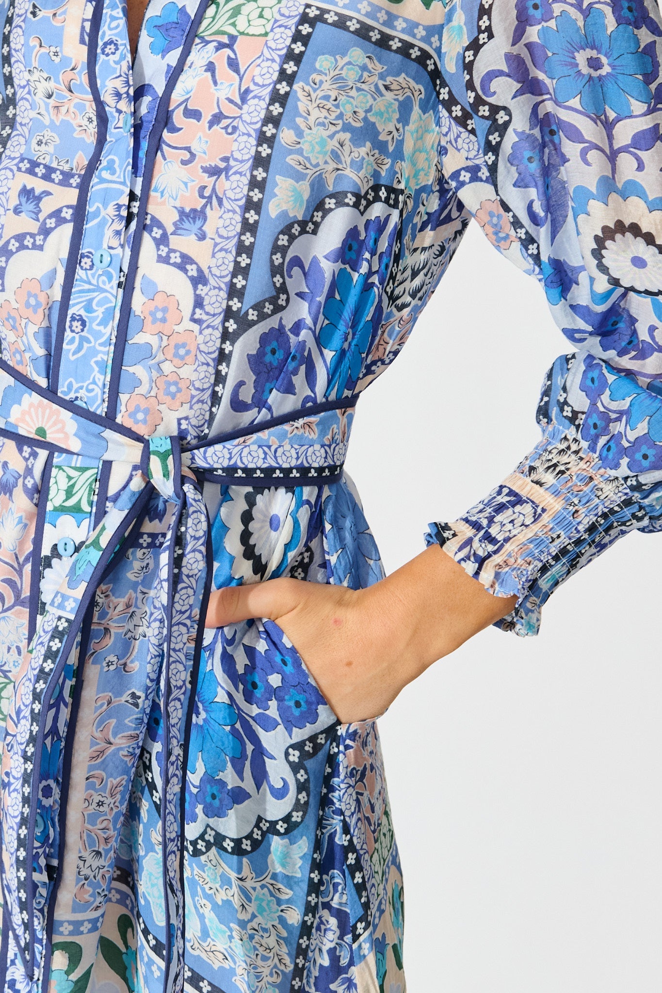 Tessa Maxi Shirt Dress in Multi Blue Cotton Blend