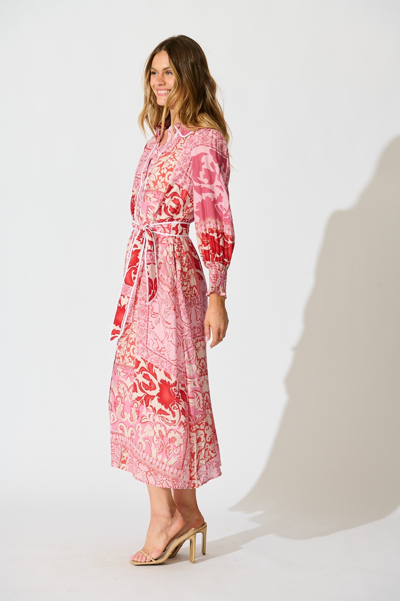 Tessa Maxi Shirt Dress in Pink with Red Cotton Blend
