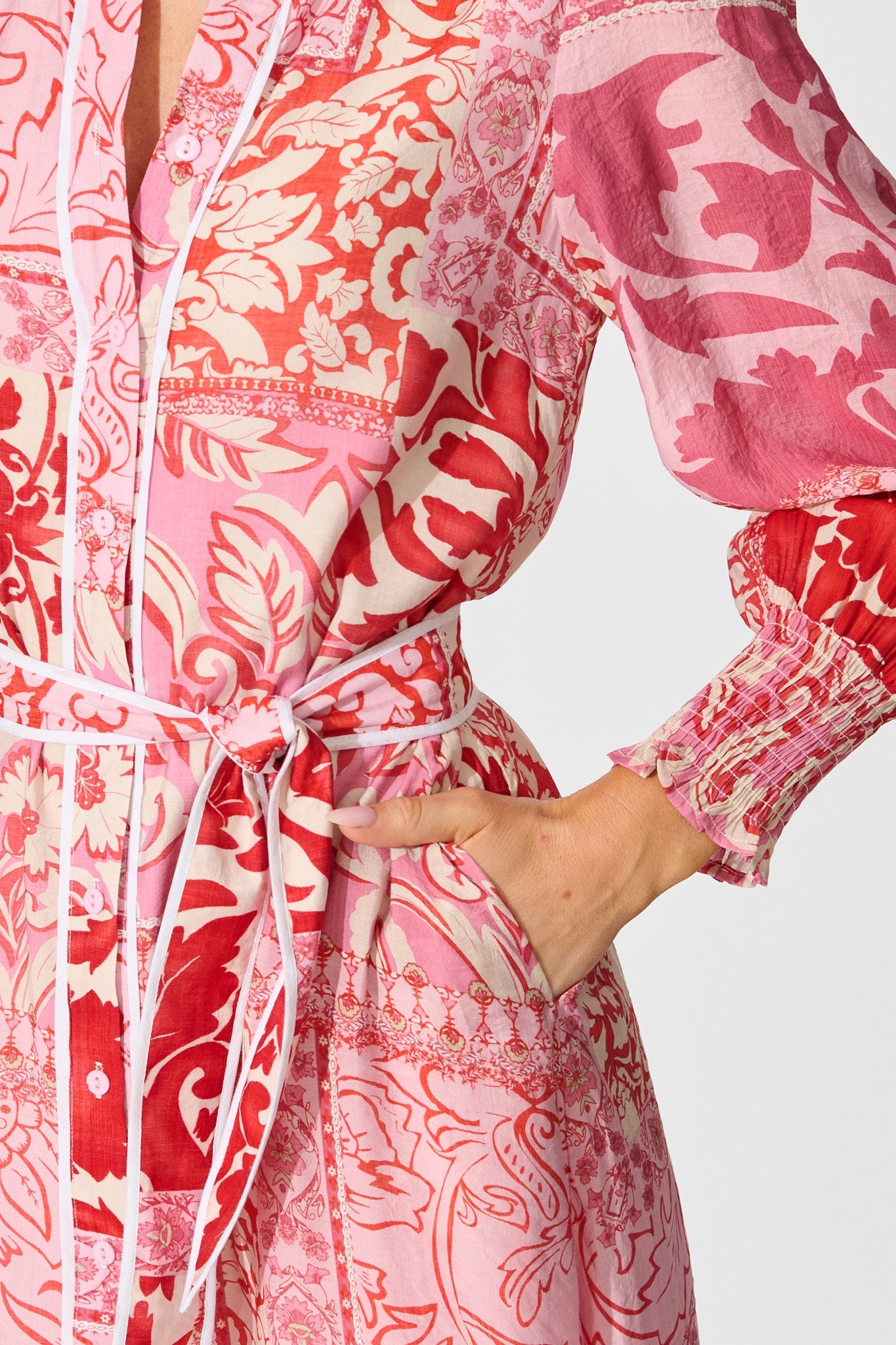 Tessa Maxi Shirt Dress in Pink with Red Cotton Blend