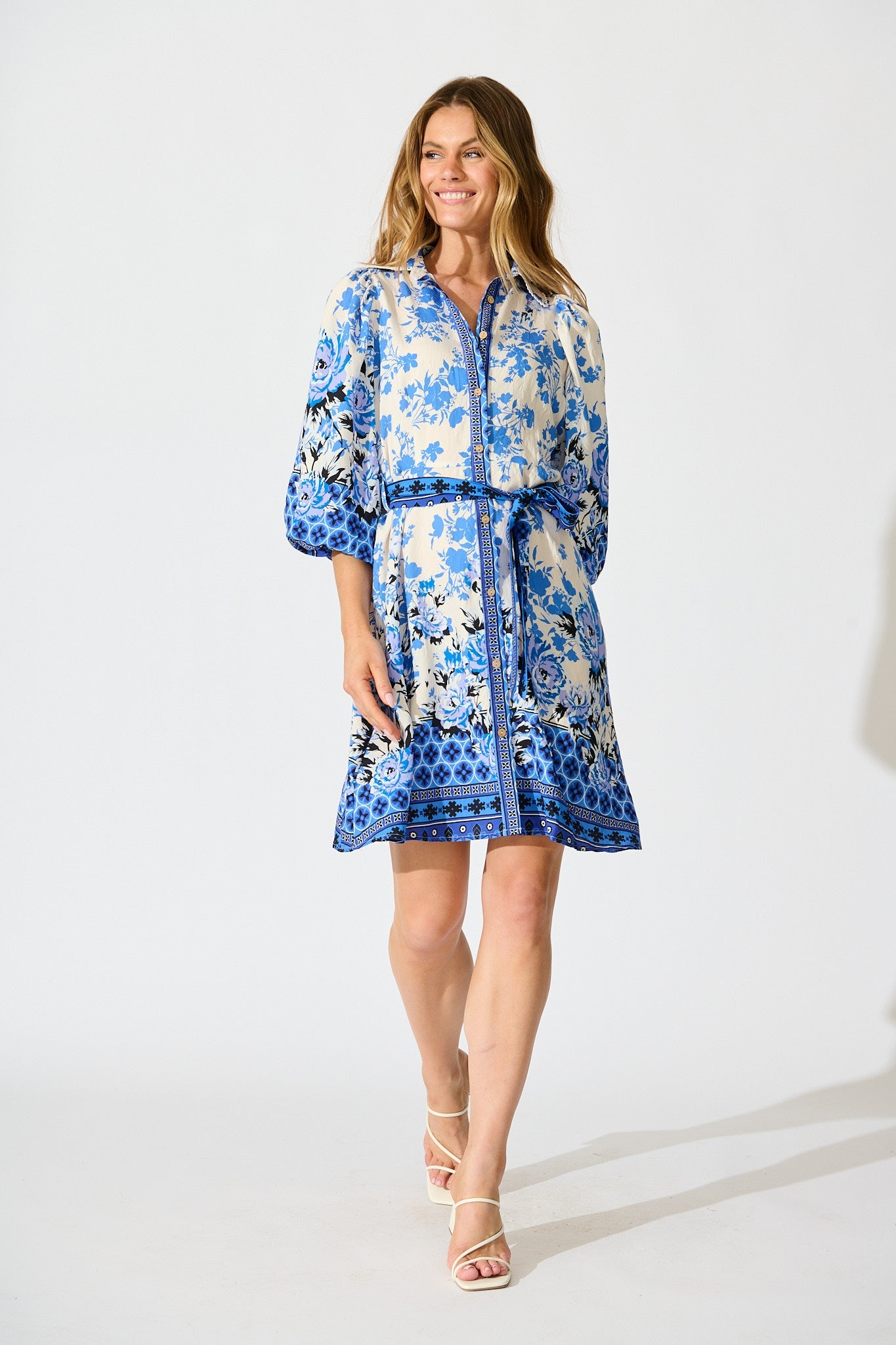 Starlet Boho Shirt Dress in Blue Floral Linen Blend