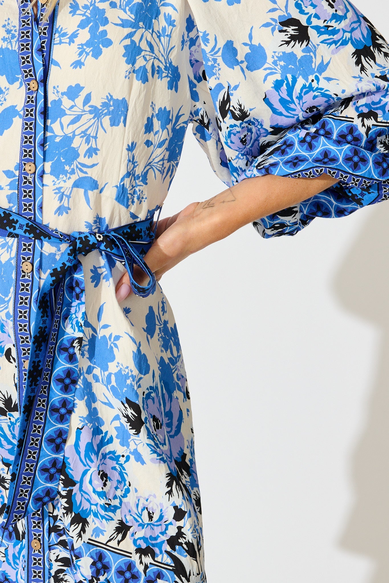 Starlet Boho Shirt Dress in Blue Floral Linen Blend