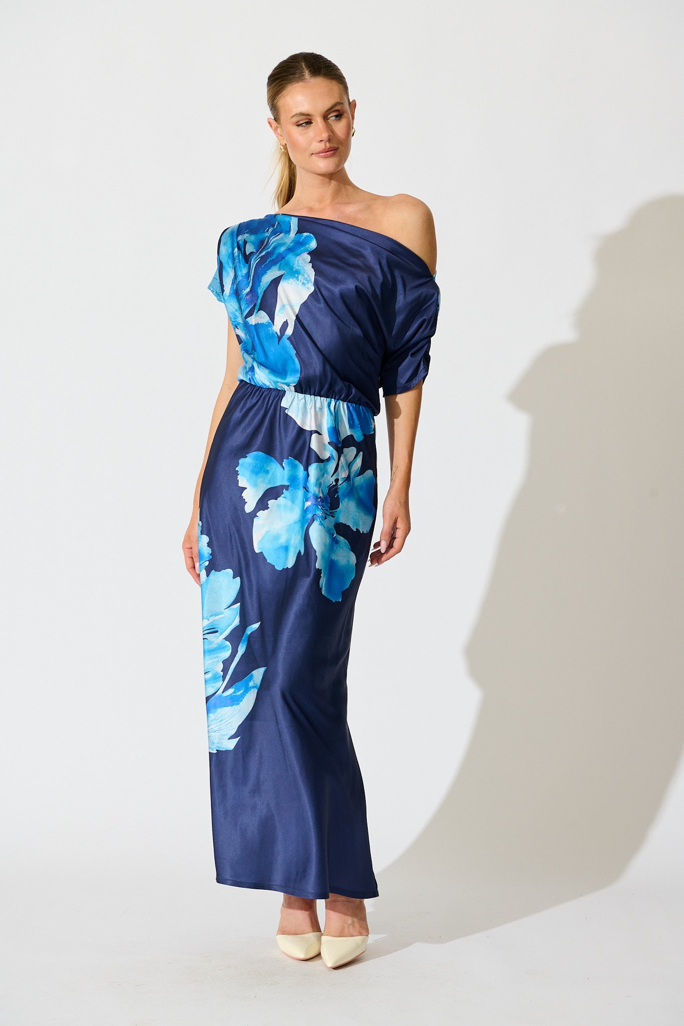 Sarita Maxi Off Shoulder Dress in Navy Floral Satin