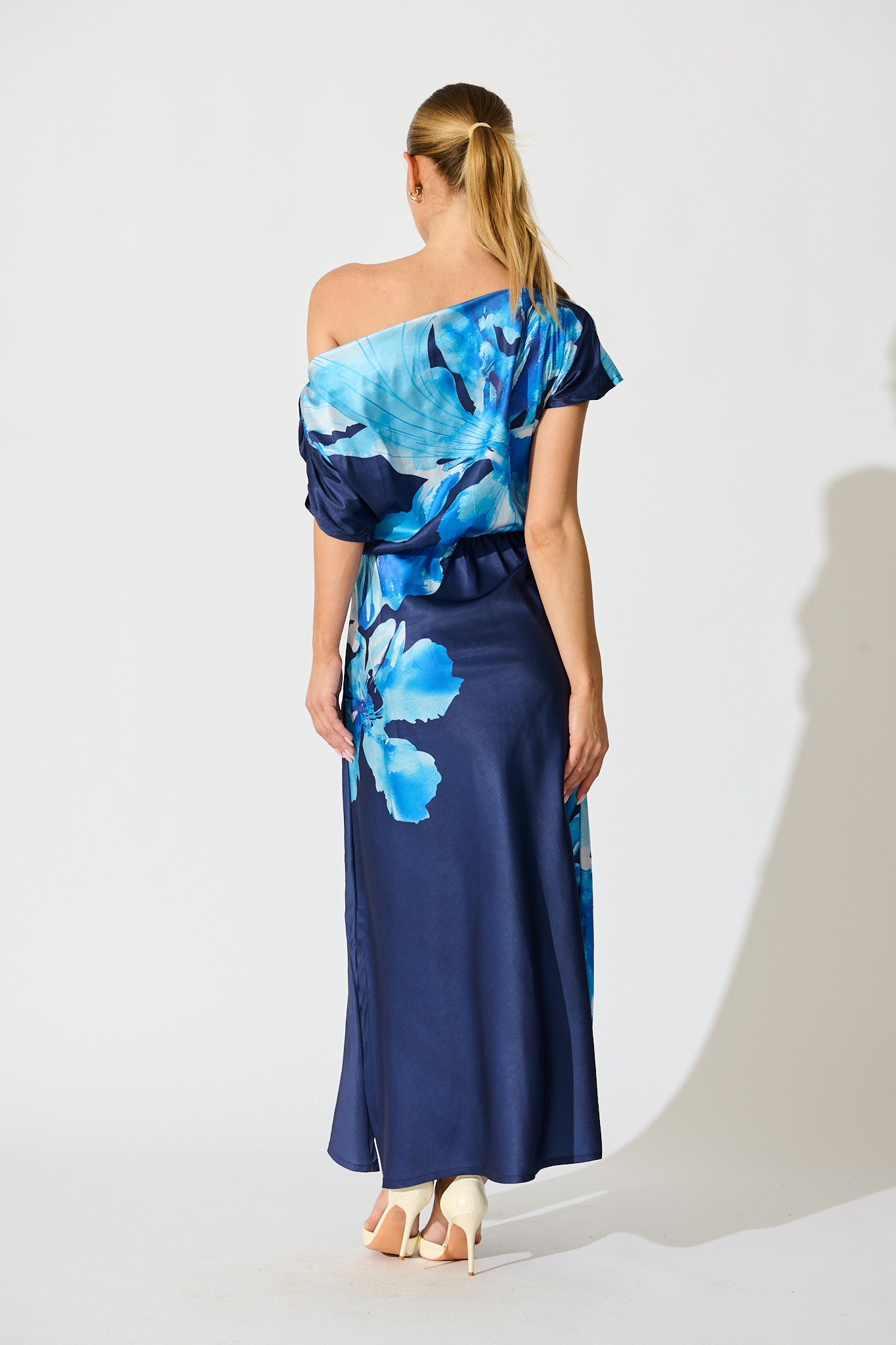 Sarita Maxi Off Shoulder Dress in Navy Floral Satin
