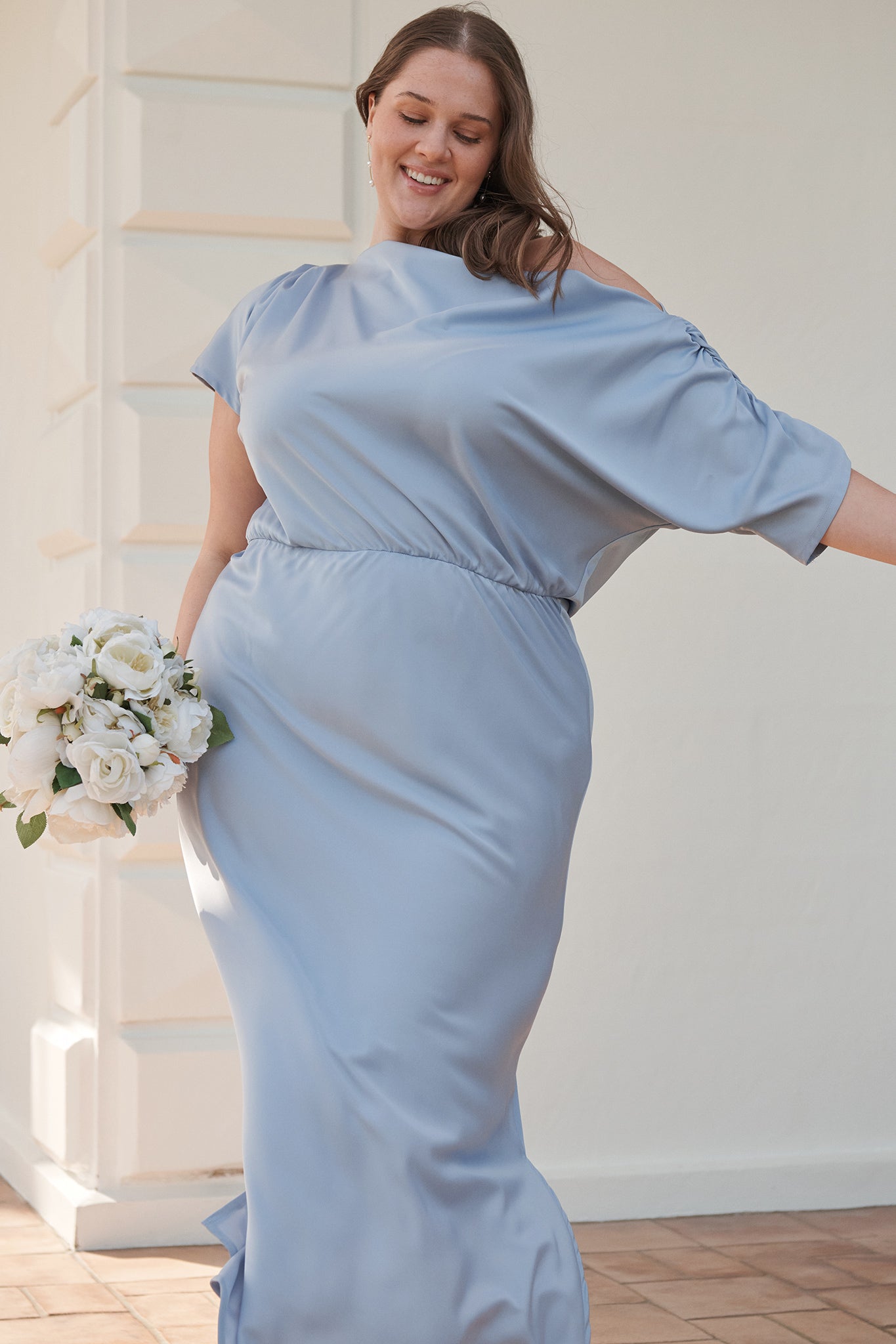 Forever And Always Maxi Off Shoulder Dress in Ice Blue Satin