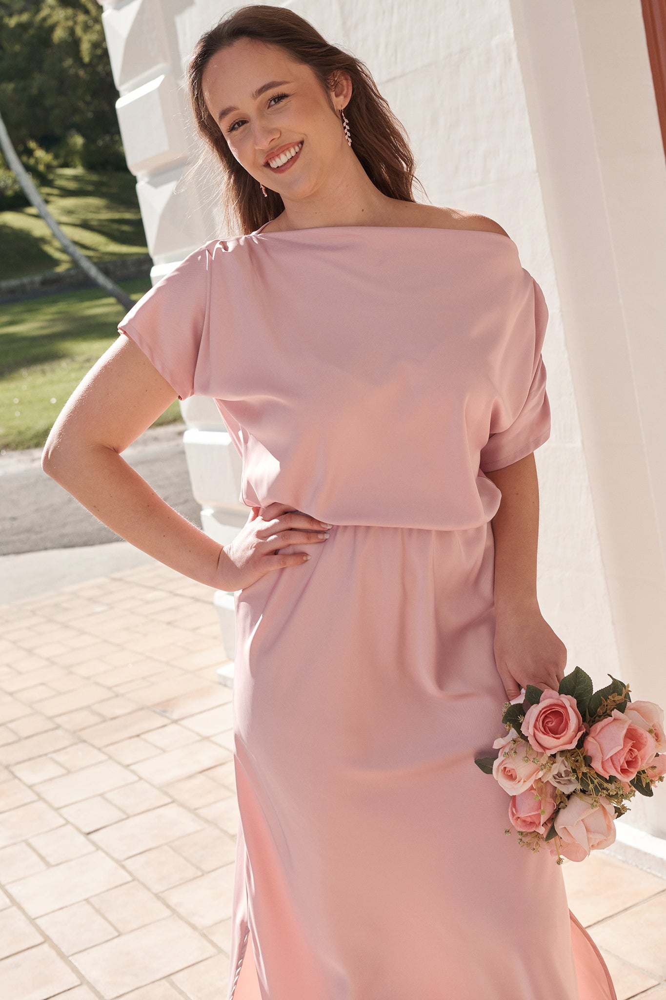 Forever And Always Maxi Off Shoulder Dress in Blush Satin