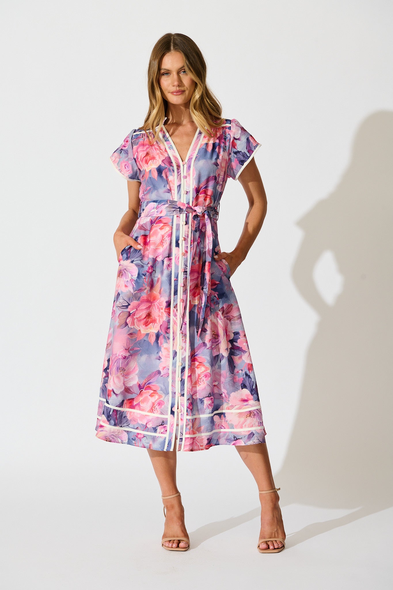 Laylah Midi Dress in Blue with Pink Floral Cotton