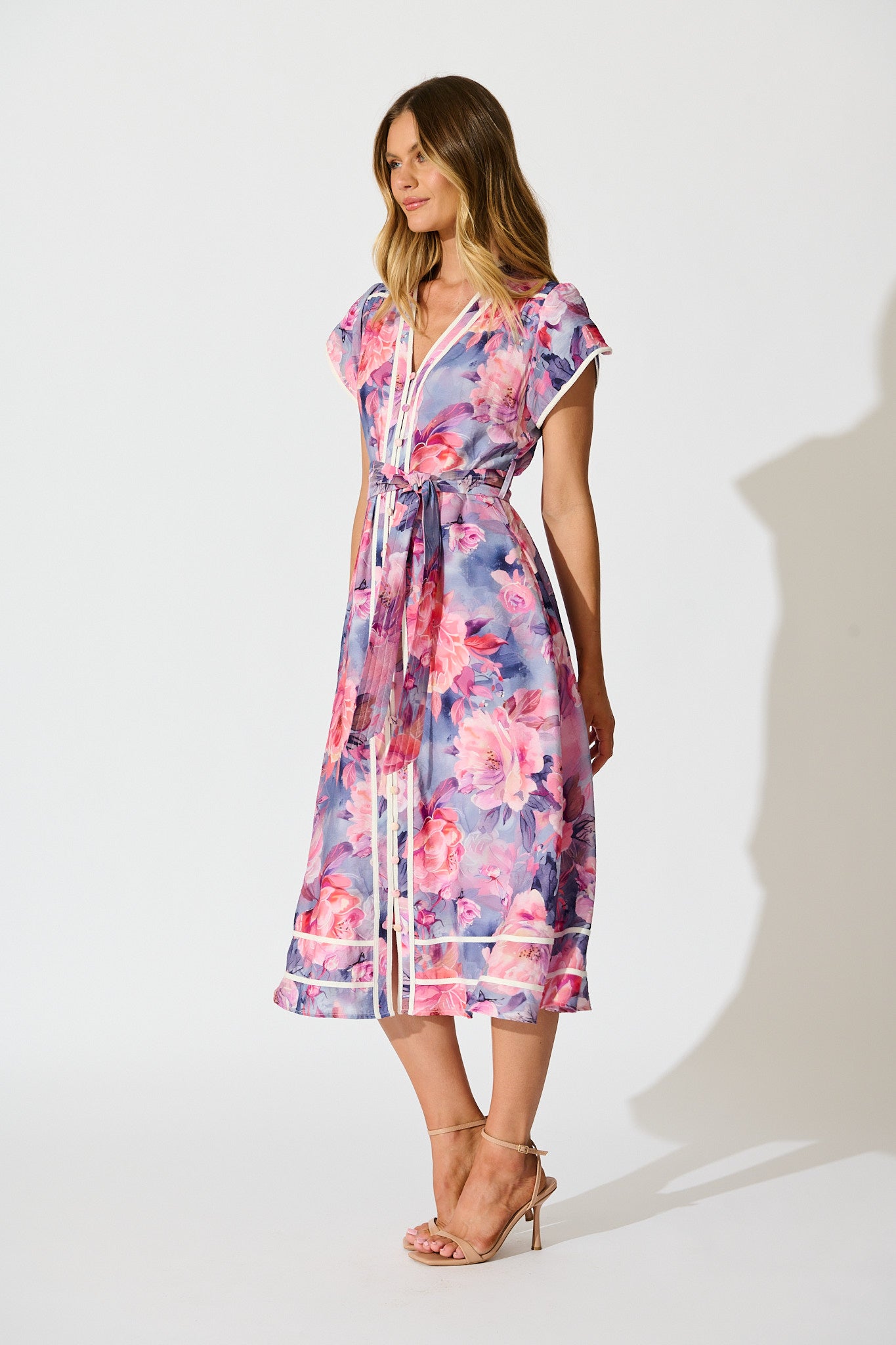 Laylah Midi Dress in Blue with Pink Floral Cotton
