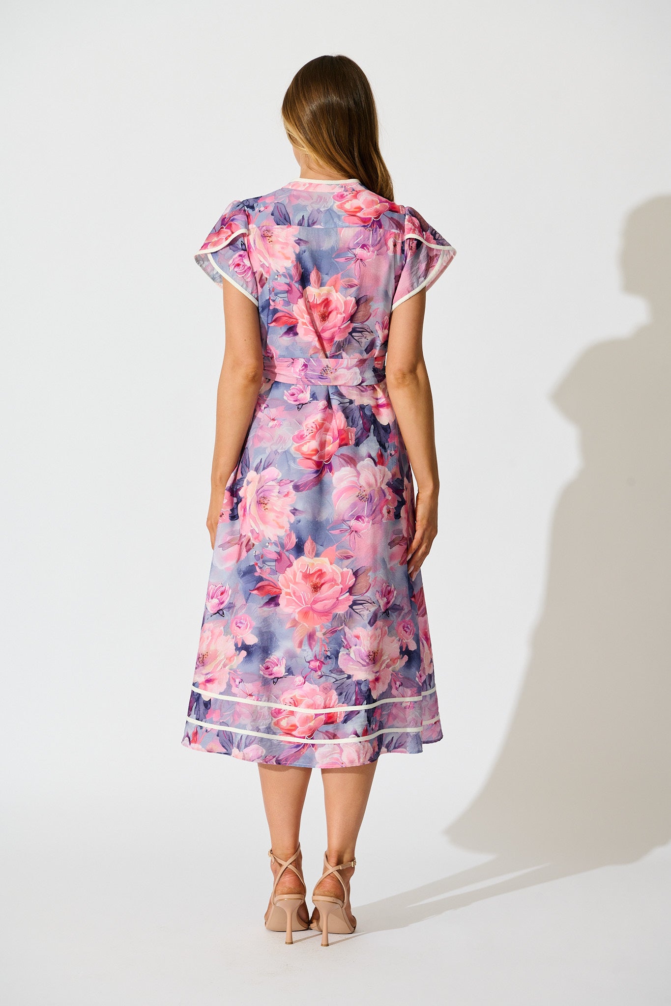 Laylah Midi Dress in Blue with Pink Floral Cotton