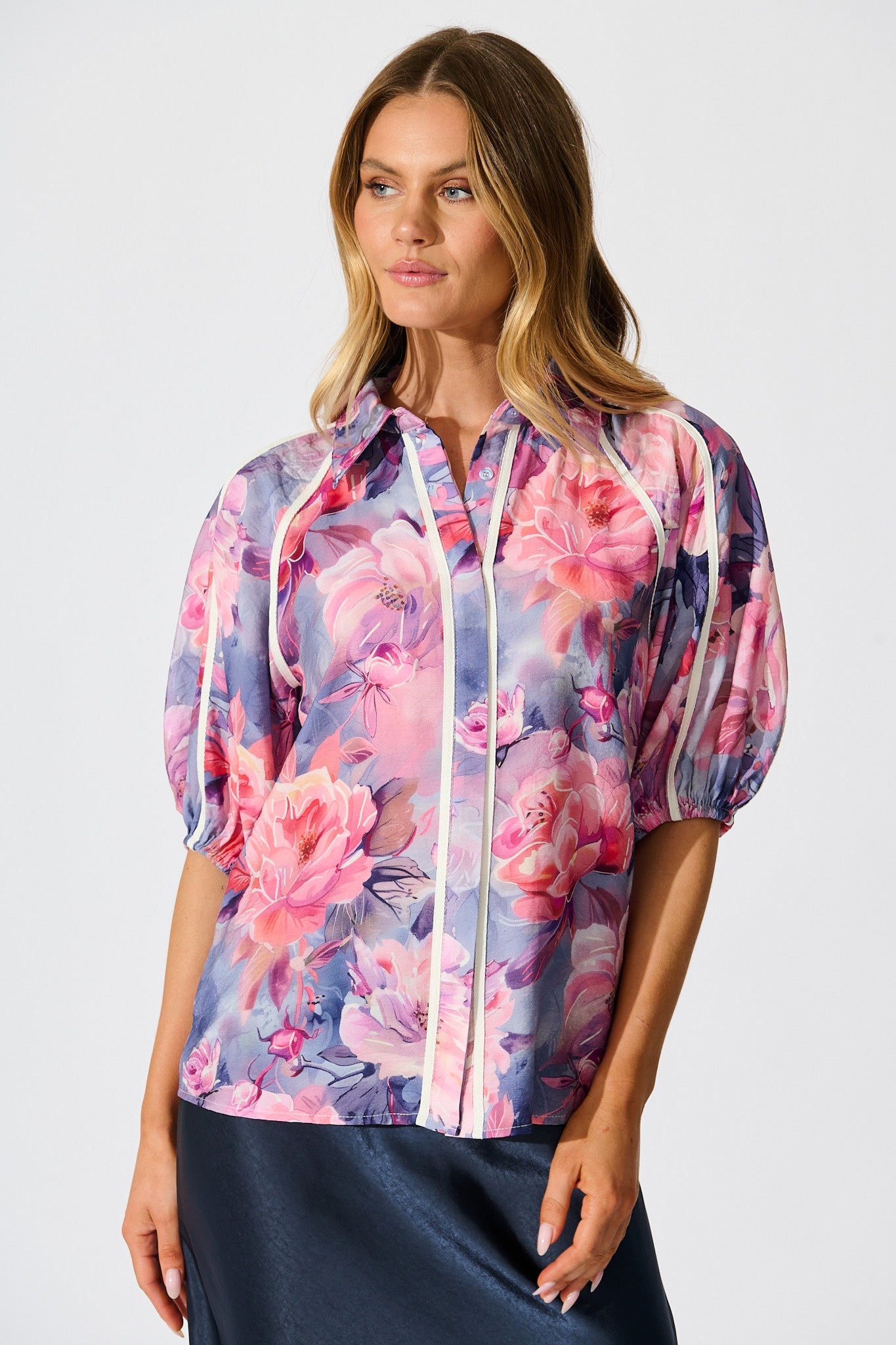 Amelio Shirt in Blue with Pink Floral