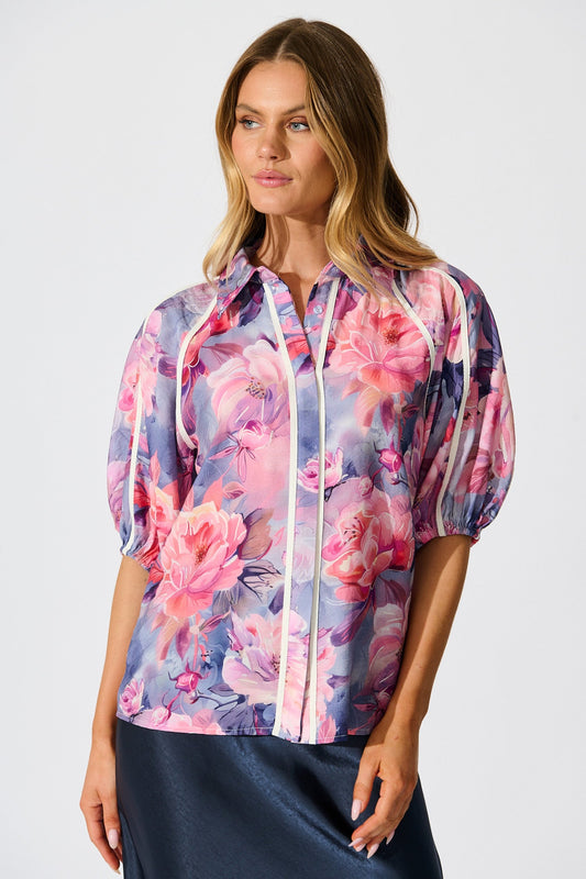 Amelio Shirt in Blue with Pink Floral