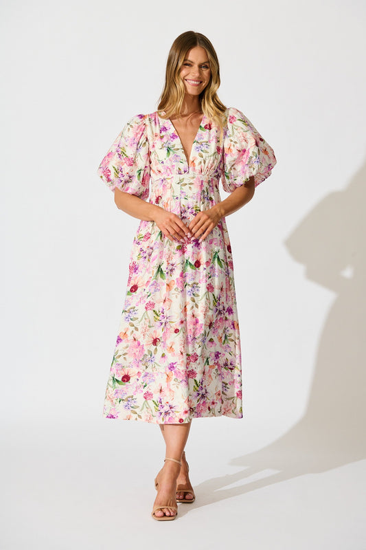 Bloom & Belle Midi Dress in White with Lilac Floral