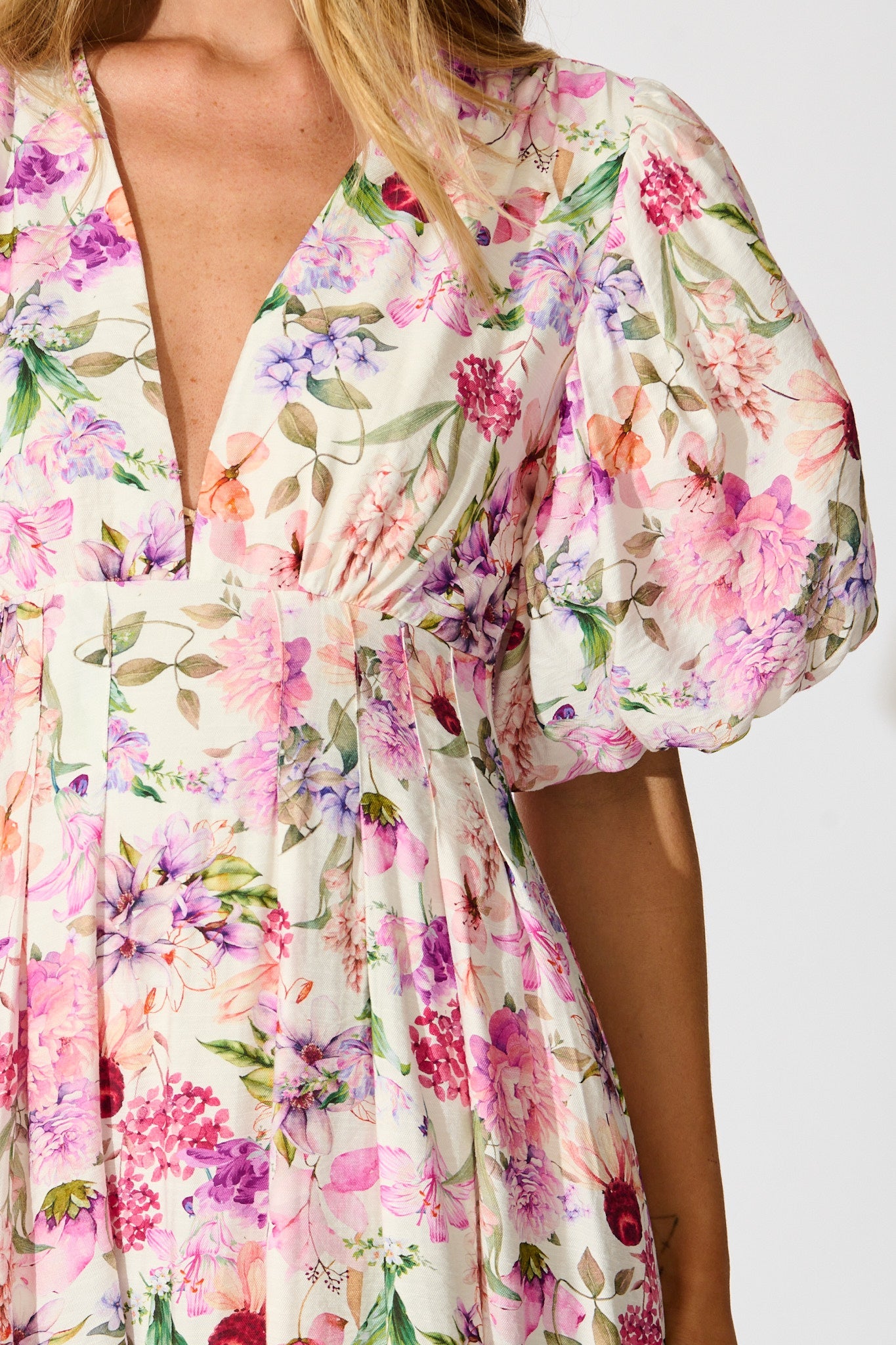 Bloom & Belle Midi Dress in White with Lilac Floral