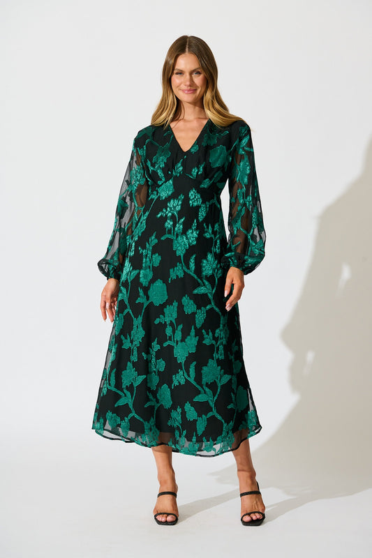 Viola Midi Dress in Black with Emerald Floral Burnout Chiffon