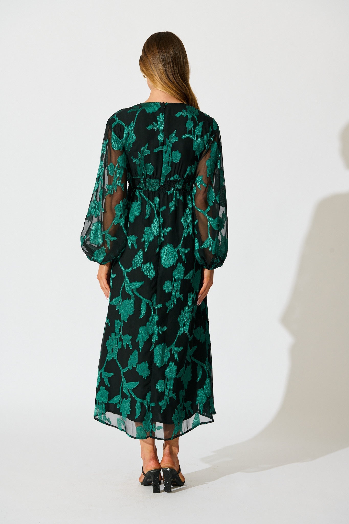 Viola Midi Dress in Black with Emerald Floral Burnout Chiffon