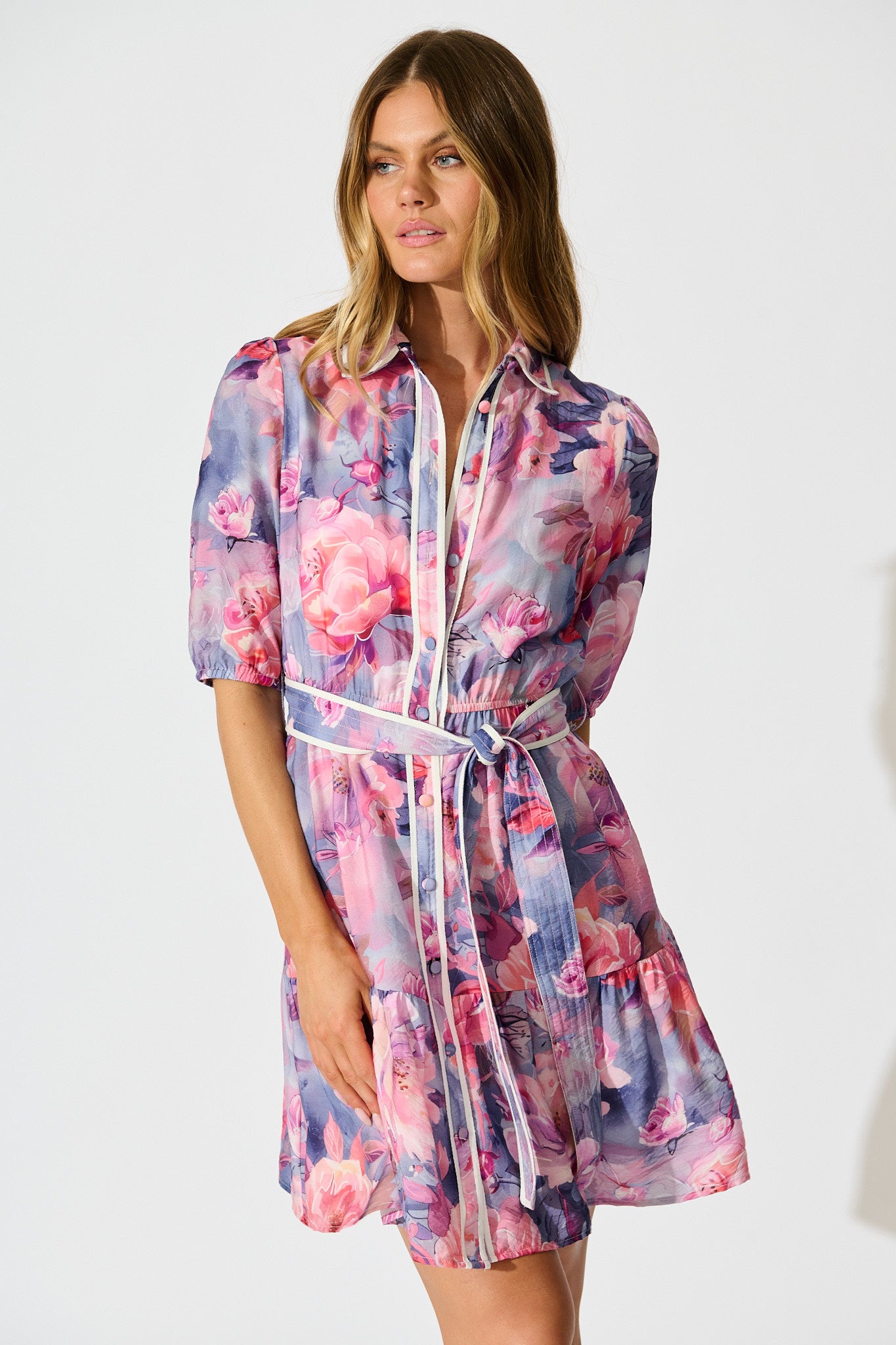 Krista Shirt Dress in Blue with Pink Floral Cotton