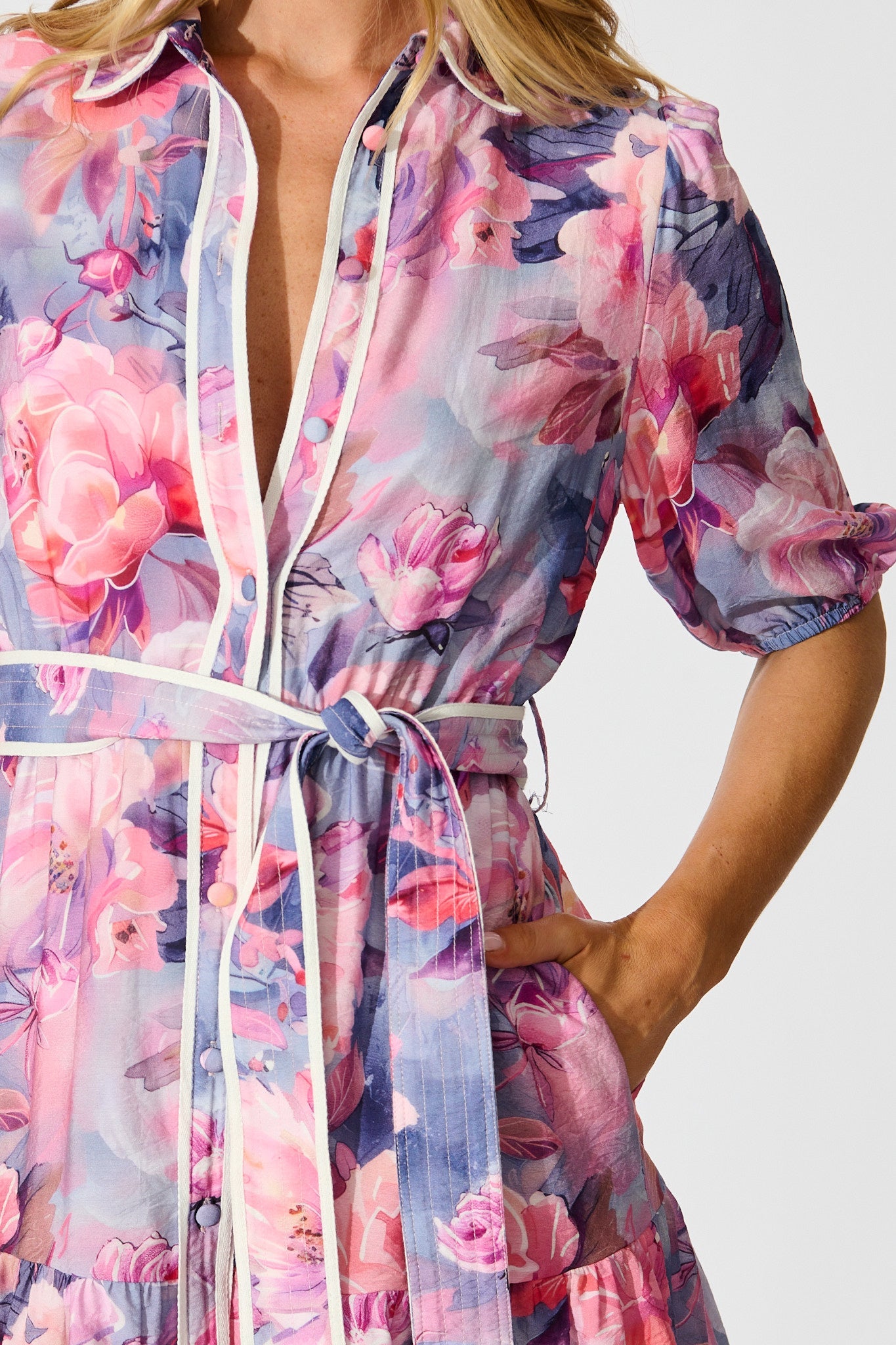 Krista Shirt Dress in Blue with Pink Floral Cotton