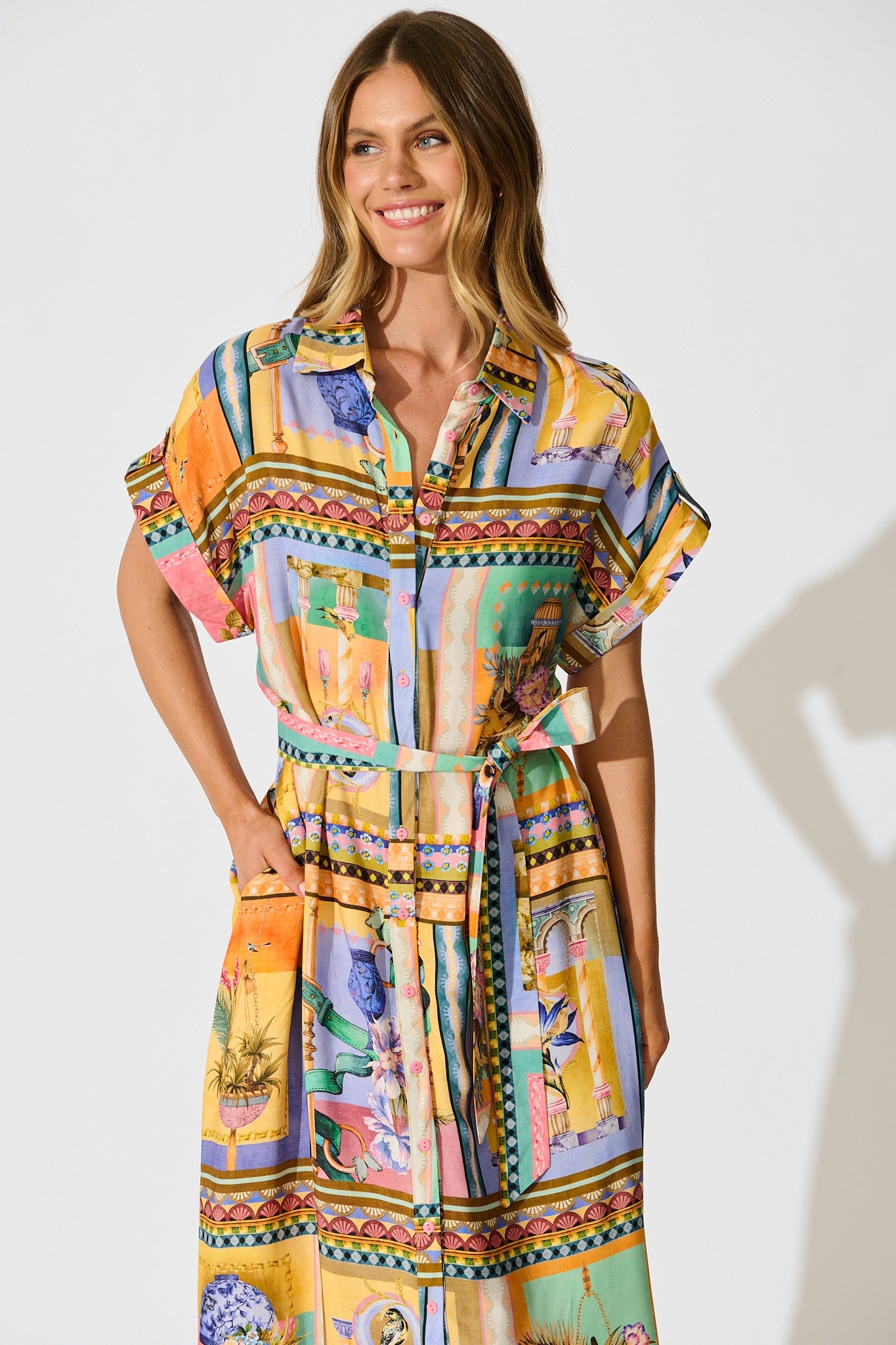 Vita Mia Midi Shirt Dress in Multi Conversational Print