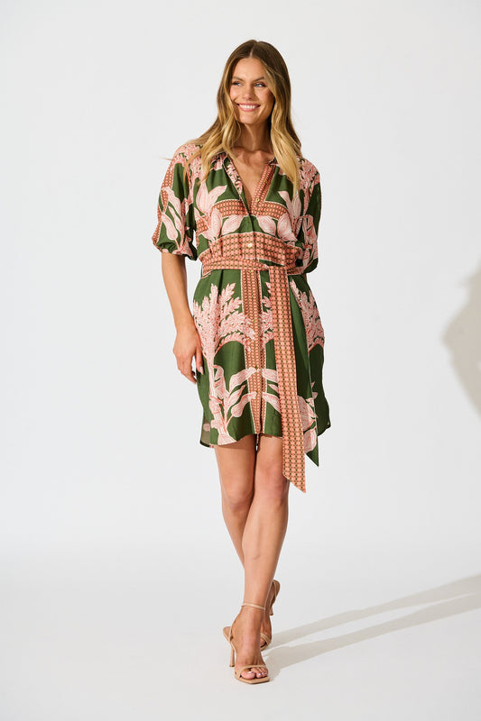Jordana Shirt Dress in Khaki Placement Print