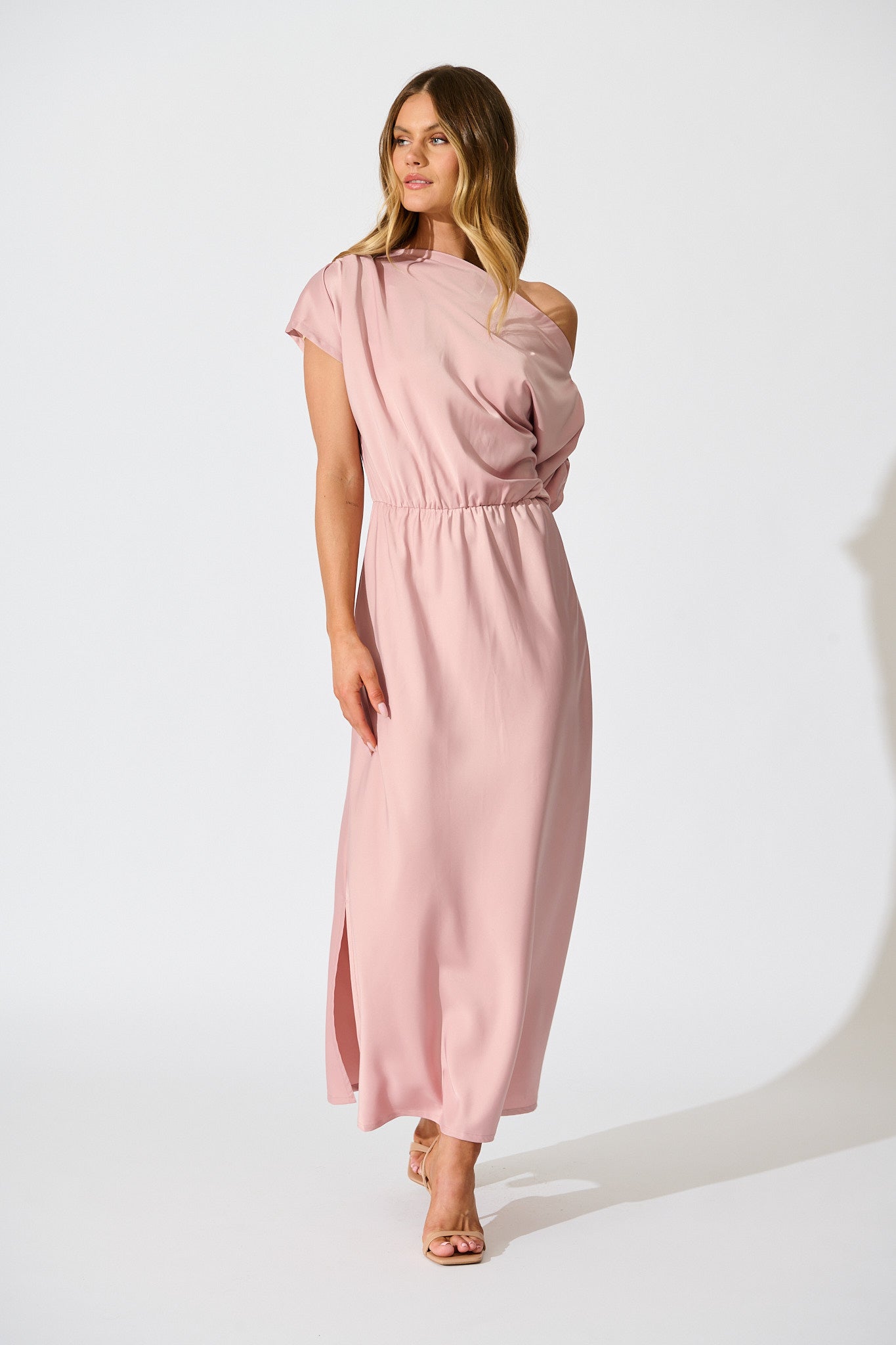Forever And Always Maxi Off Shoulder Dress in Blush Satin