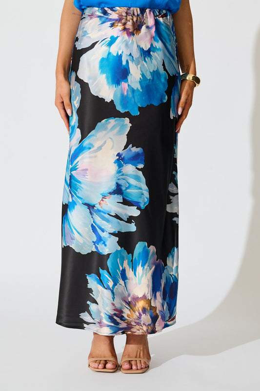 Nightshade Bouquet Maxi Skirt in Black with Blue Floral Satin