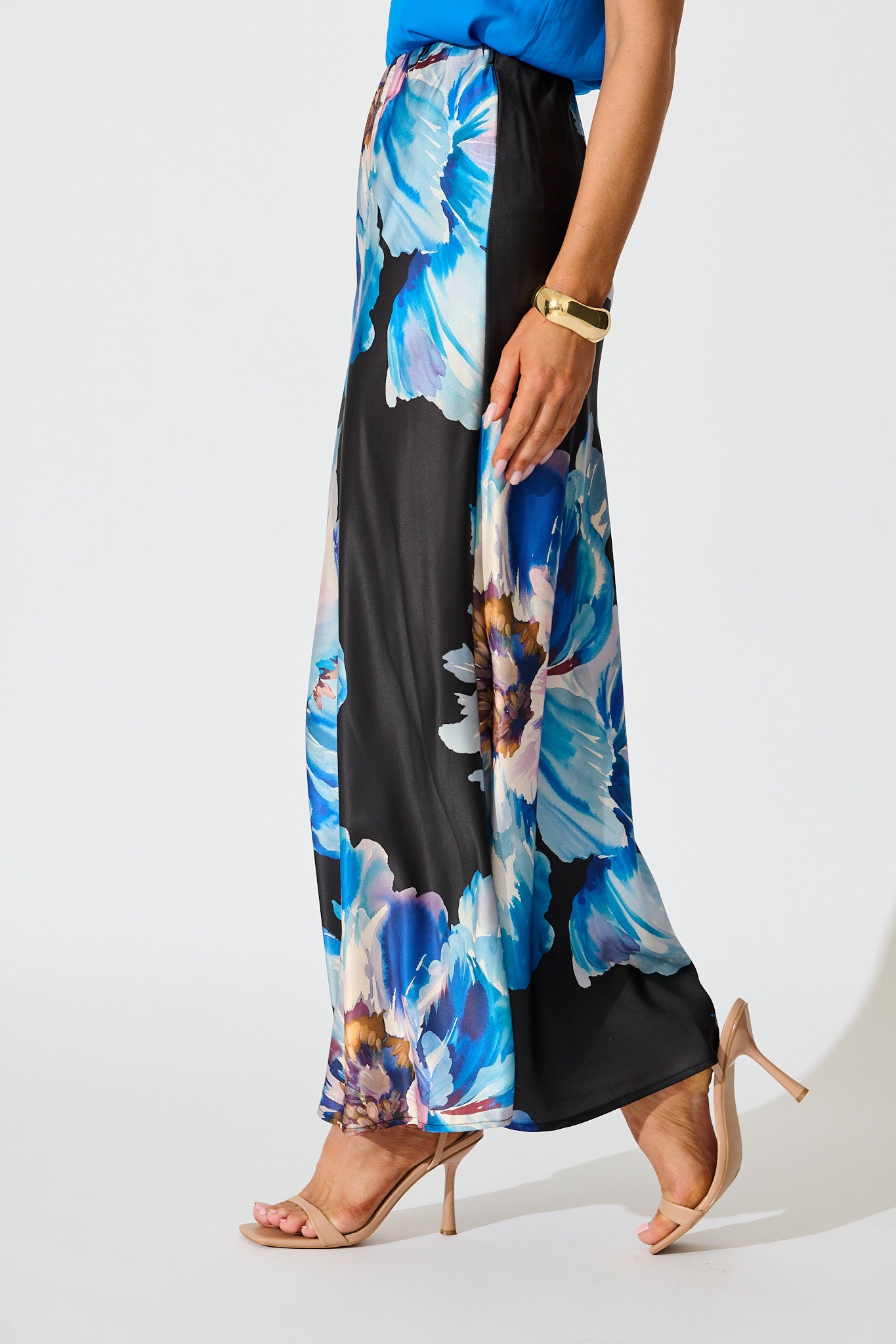 Nightshade Bouquet Maxi Skirt in Black with Blue Floral Satin