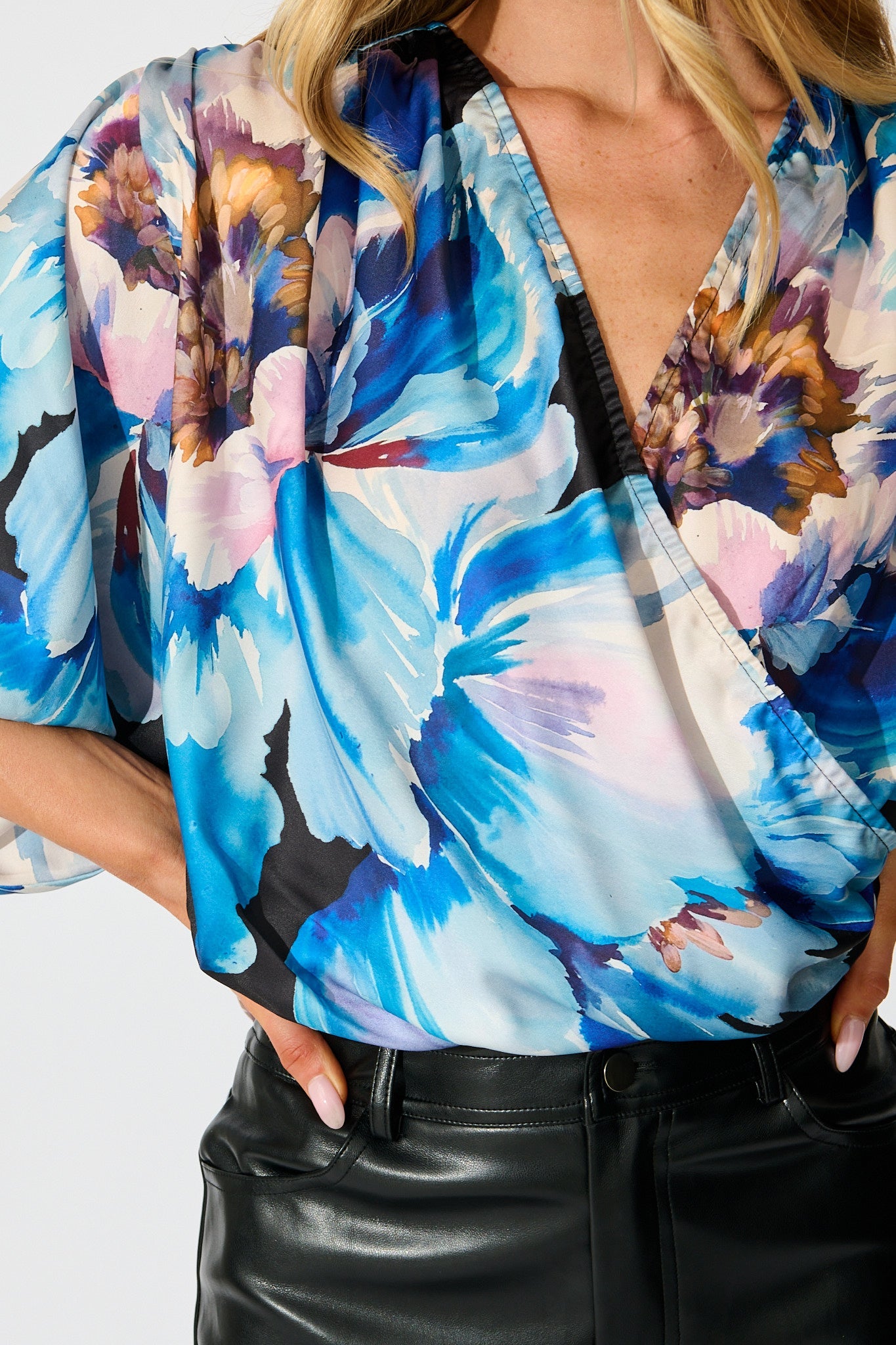 Solita Top in Black with Blue Floral Satin