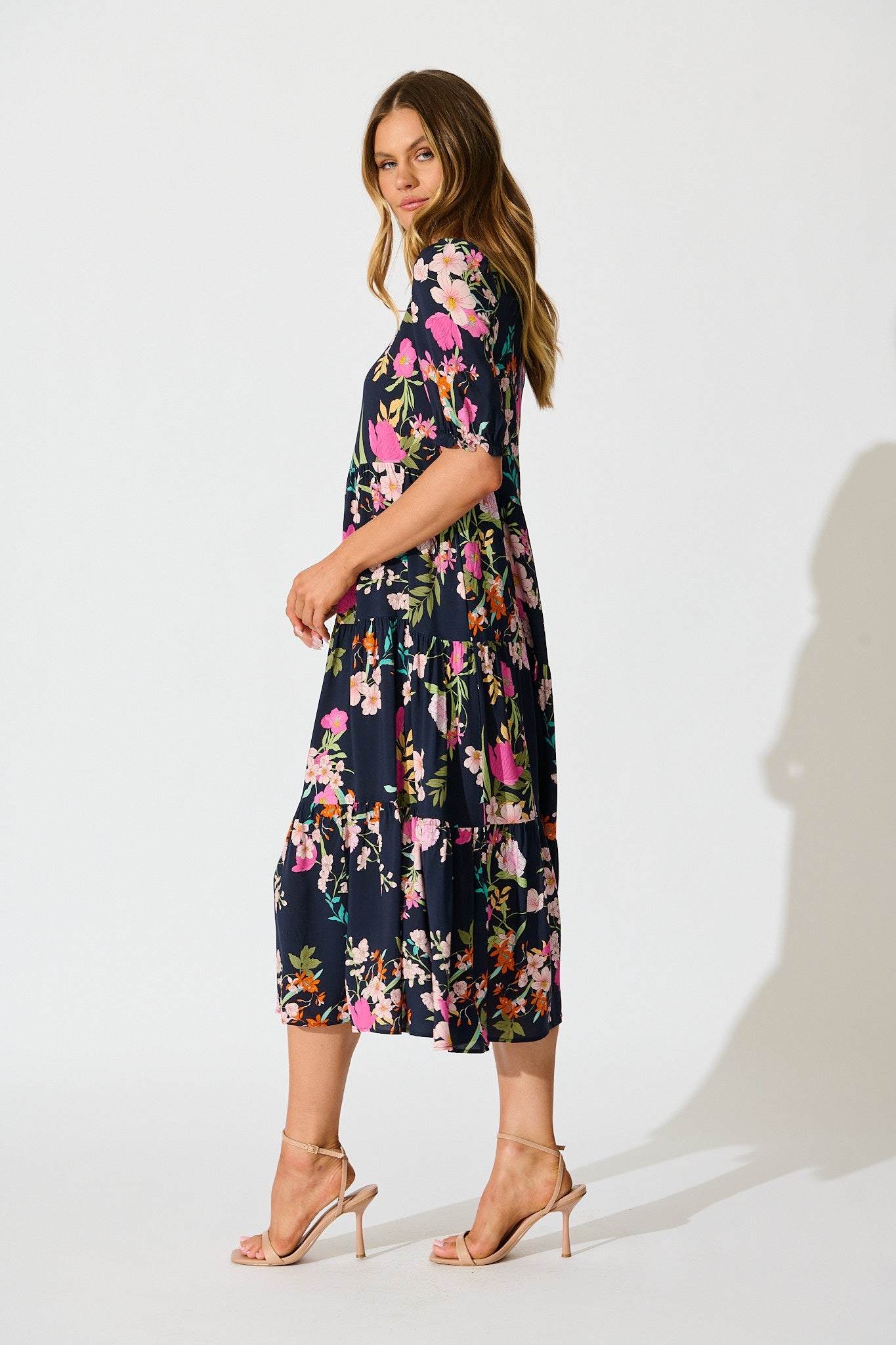 Nevi Tiered Midi Dress In Navy Multi Floral