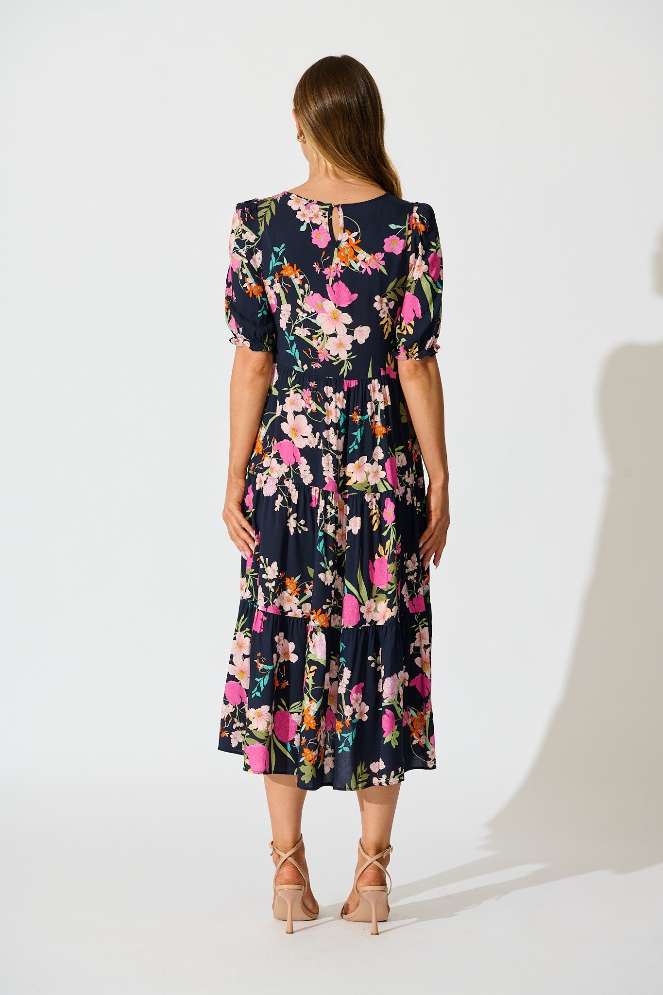 Nevi Tiered Midi Dress In Navy Multi Floral