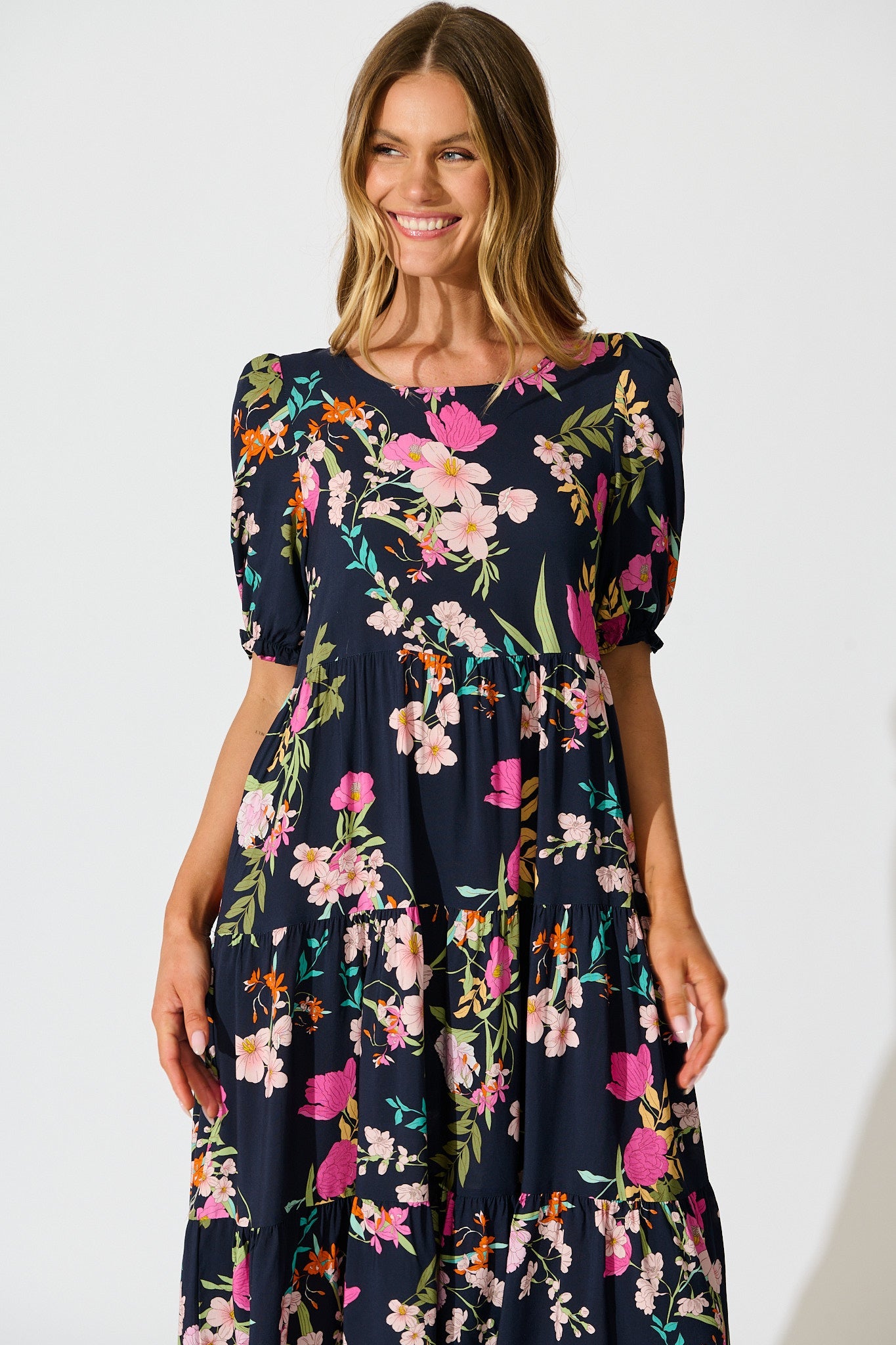 Nevi Tiered Midi Dress In Navy Multi Floral