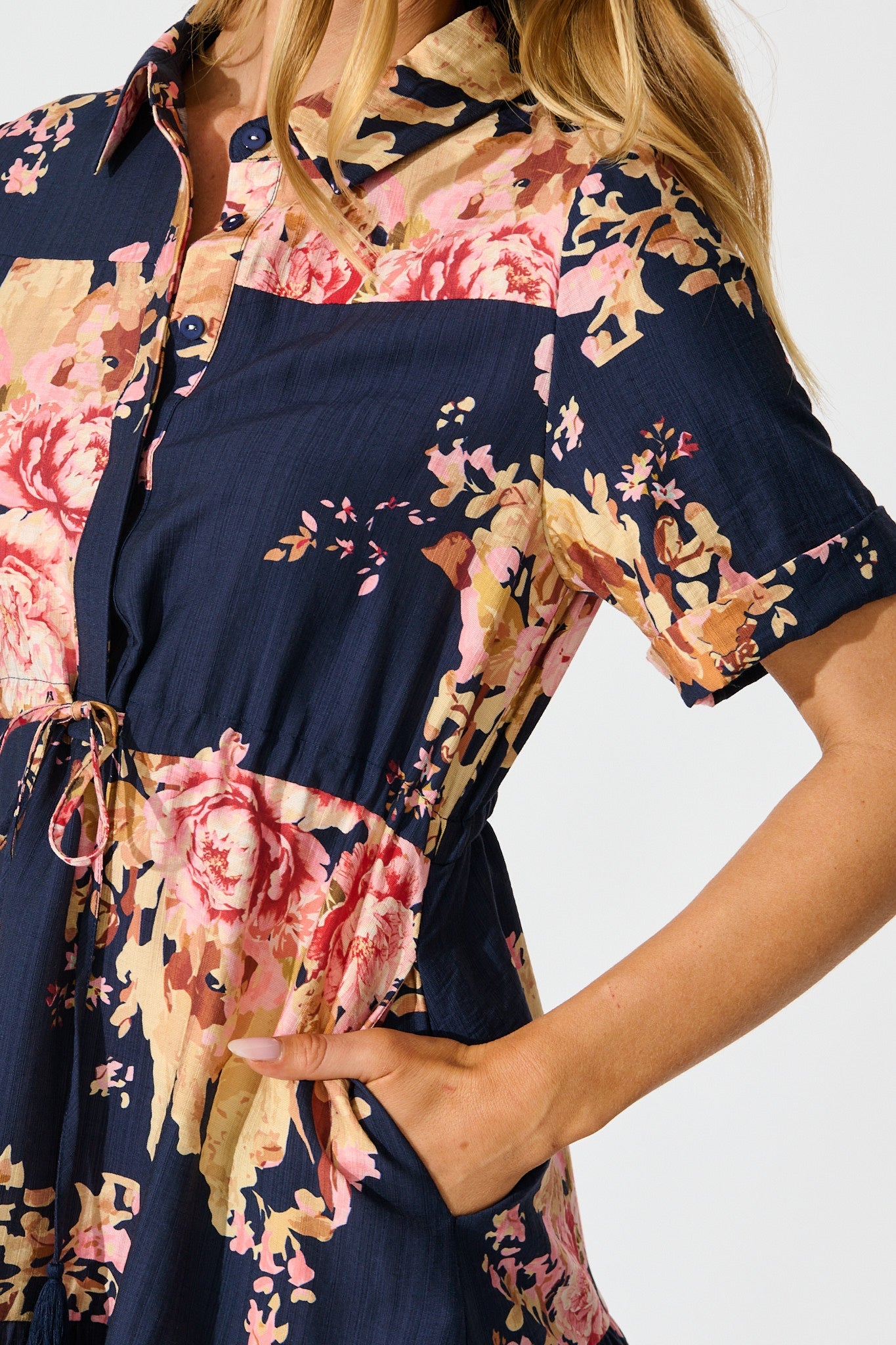Delia Shirt Dress in Navy with Blush Floral