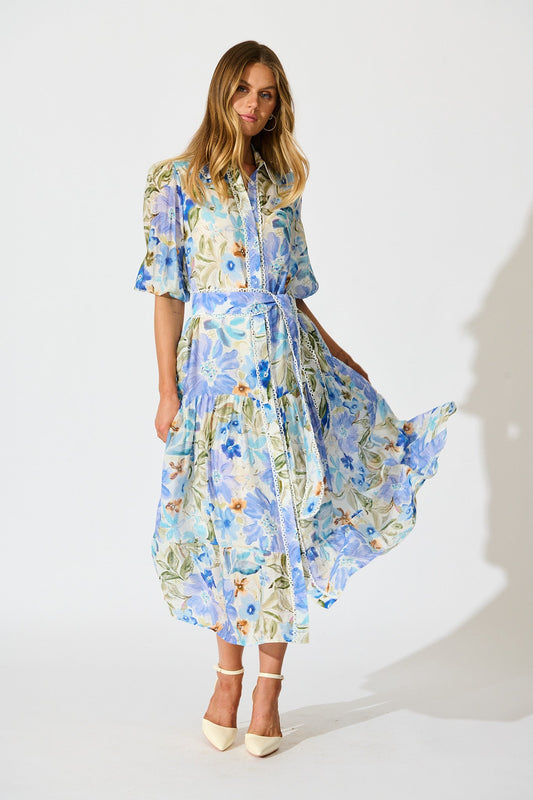 Wildflower Sky Midi Shirt Dress in Blue Floral