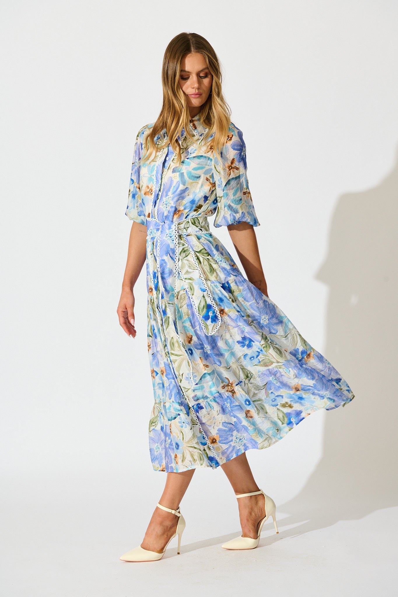 Wildflower Sky Midi Shirt Dress in Blue Floral