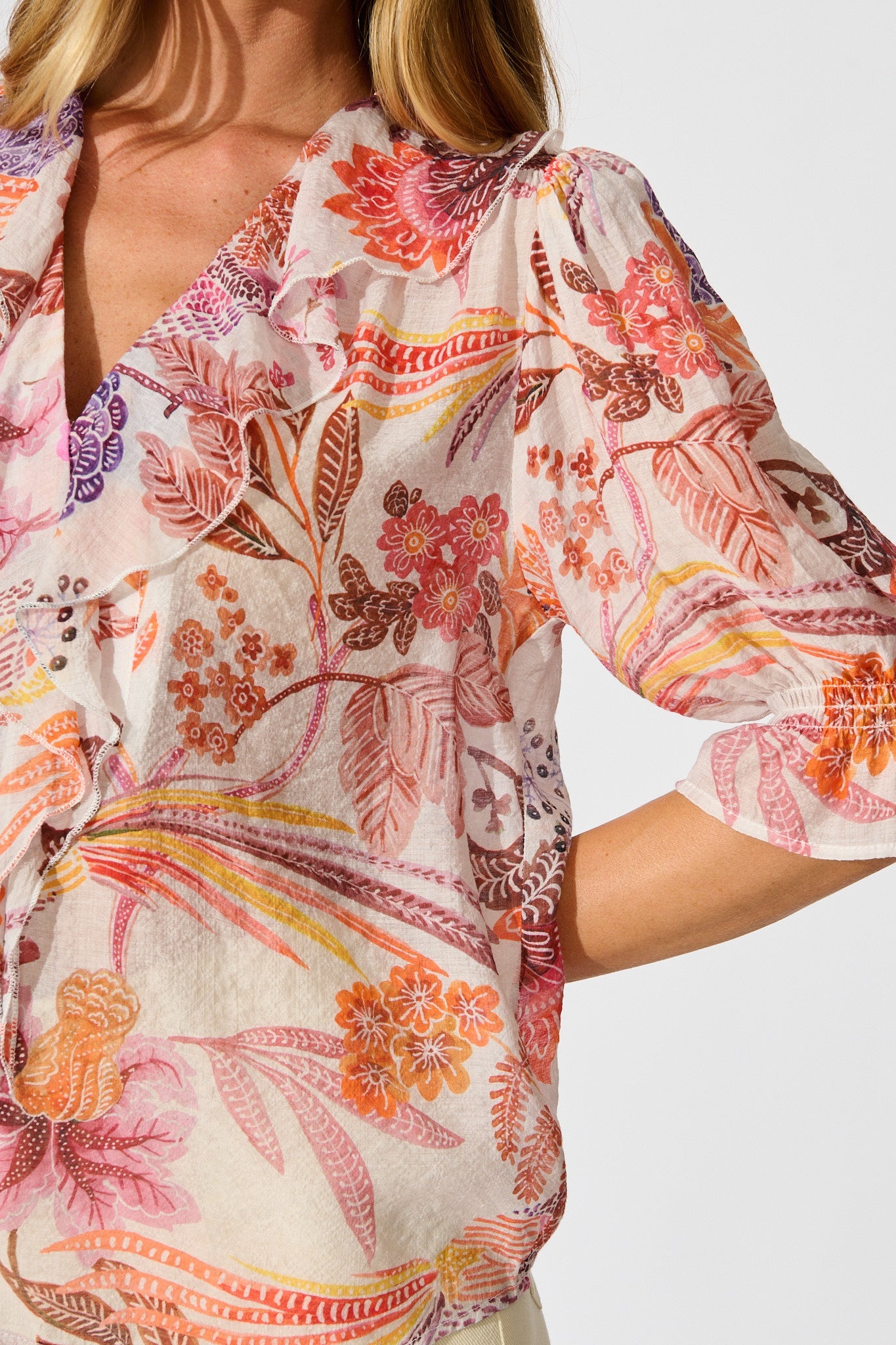 Mirella Top in Multi Tan Leaf Print