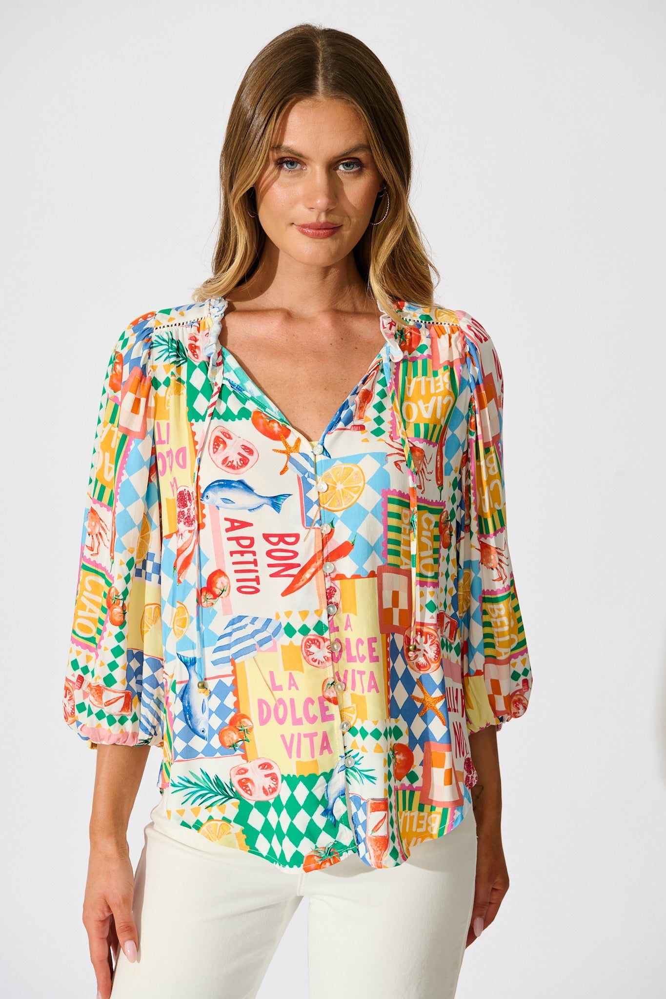 Annelie Top in White Multi Conversational Print