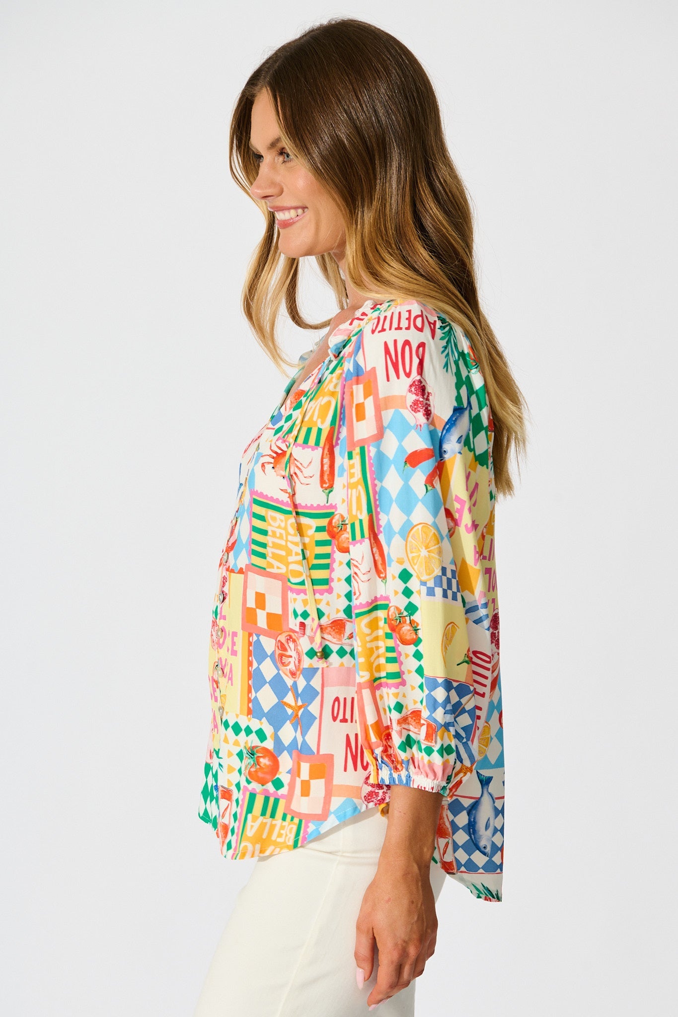 Annelie Top in White Multi Conversational Print