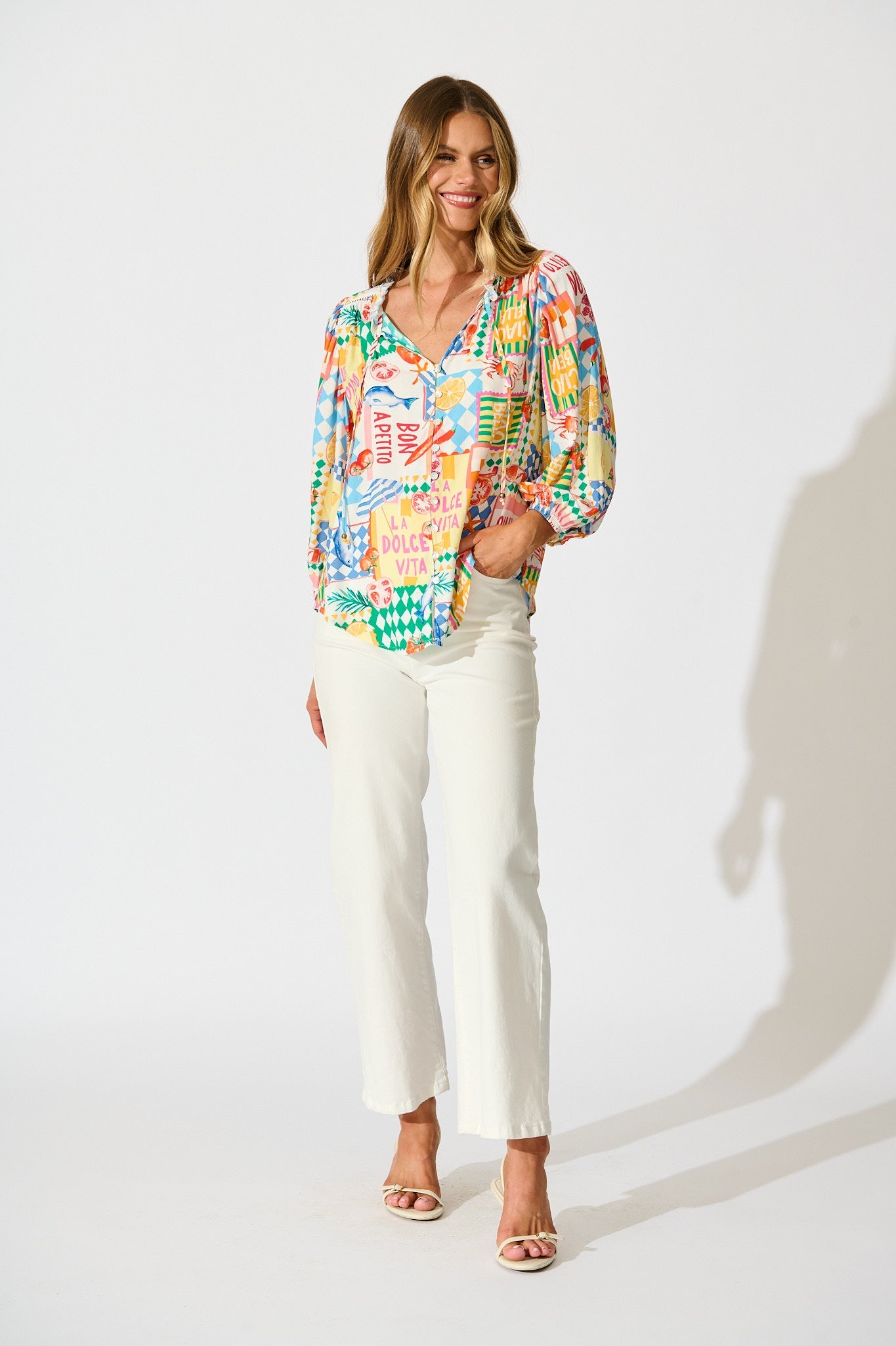 Annelie Top in White Multi Conversational Print