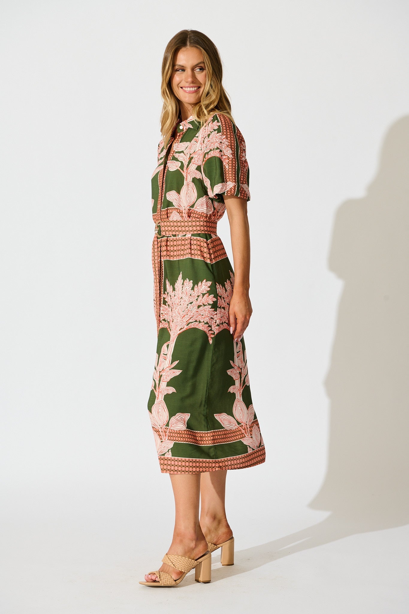Bittersweet Midi Shirt Dress in Khaki Placement Print