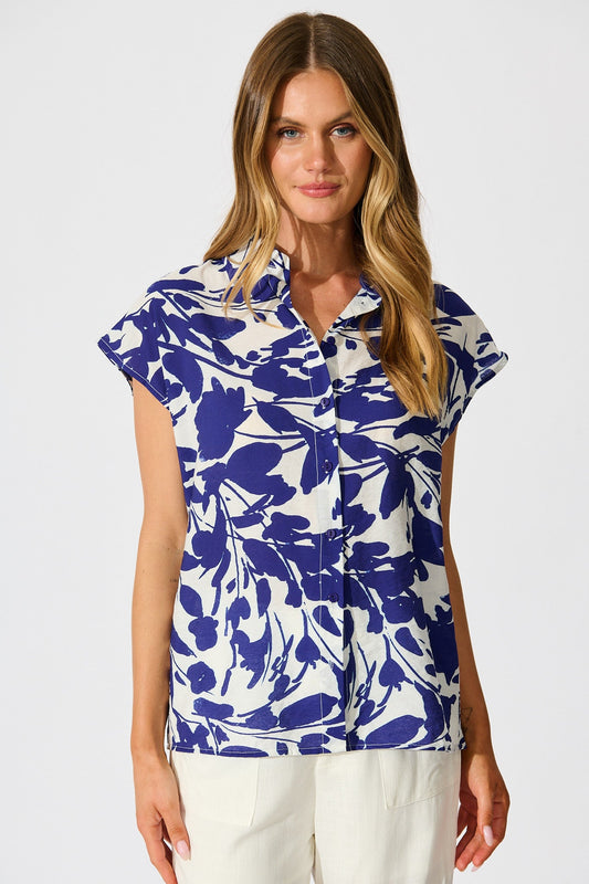 Sharmaine Shirt in White and Navy Print Linen Blend
