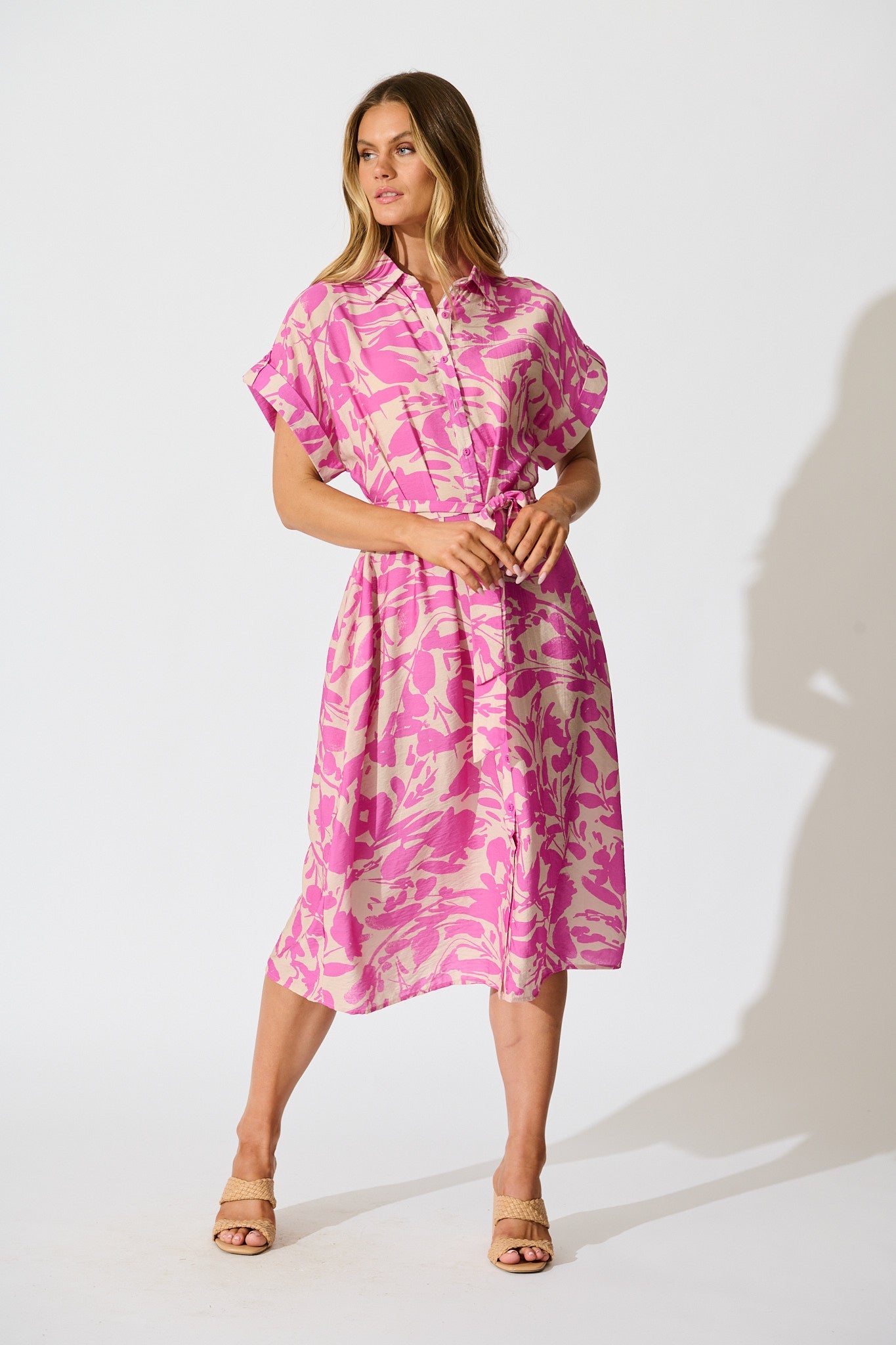 Hartlee Midi Shirt Dress in Cream and Pink Print Linen Blend