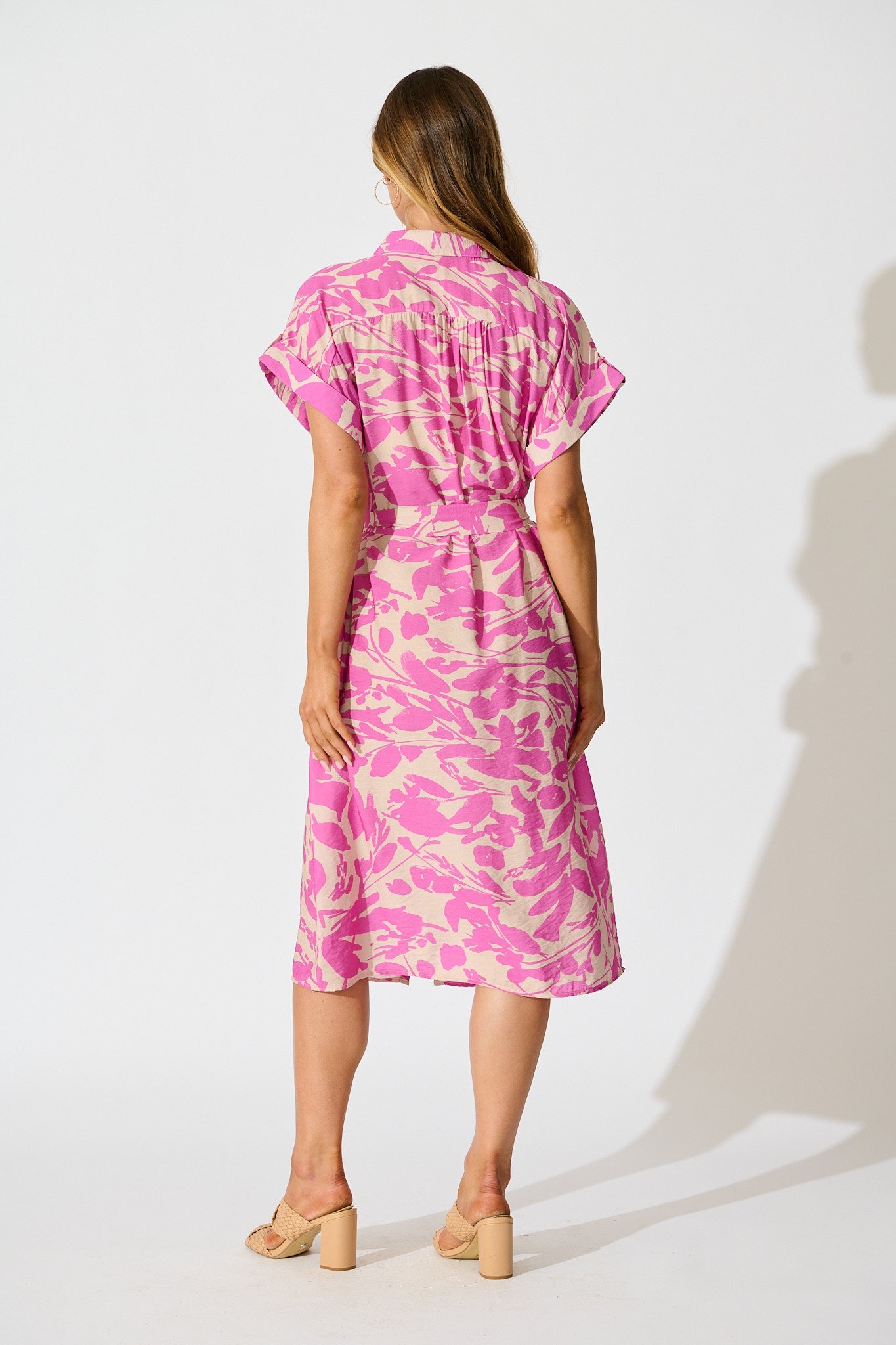 Hartlee Midi Shirt Dress in Cream and Pink Print Linen Blend